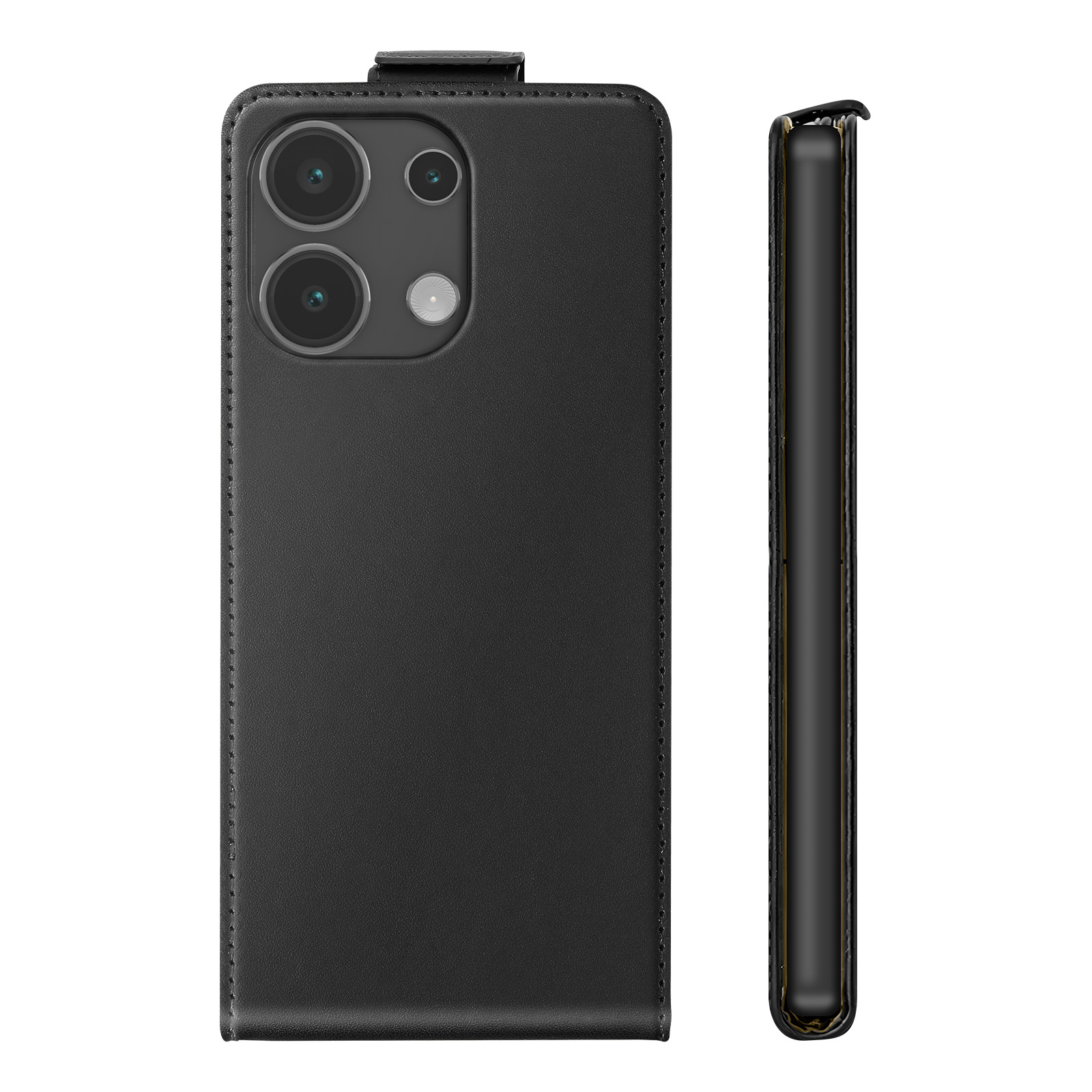 Schwarzes Handy-Flipcase mit drei Kameralinsen auf der Rückseite und einer Seitenansicht.