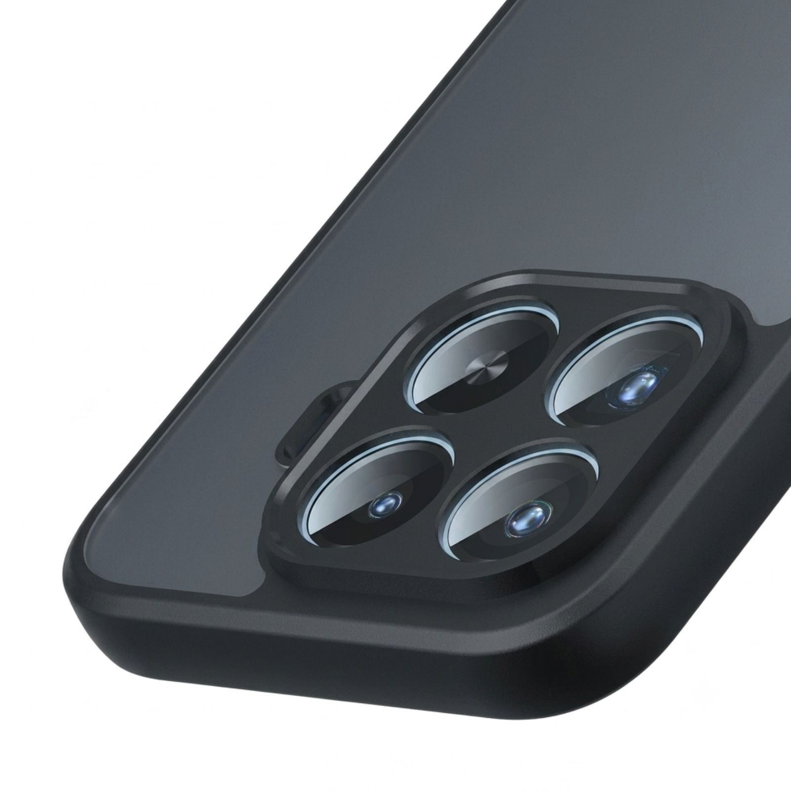 Parte trasera de un smartphone oscuro con cuatro cámaras y funda protectora.