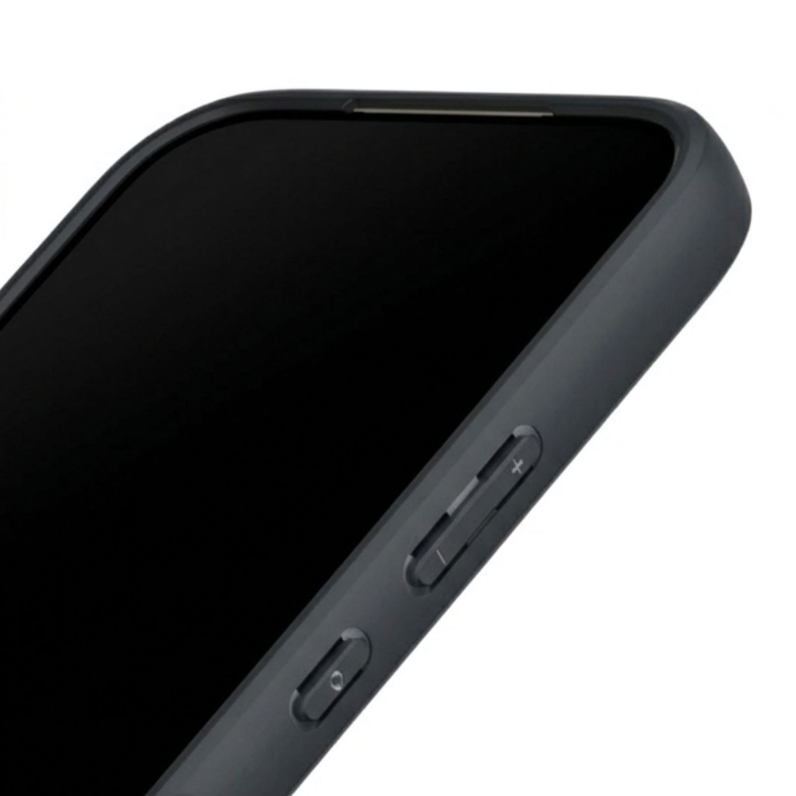 Funda de teléfono gris oscuro con botones de volumen y de encendido al lado.