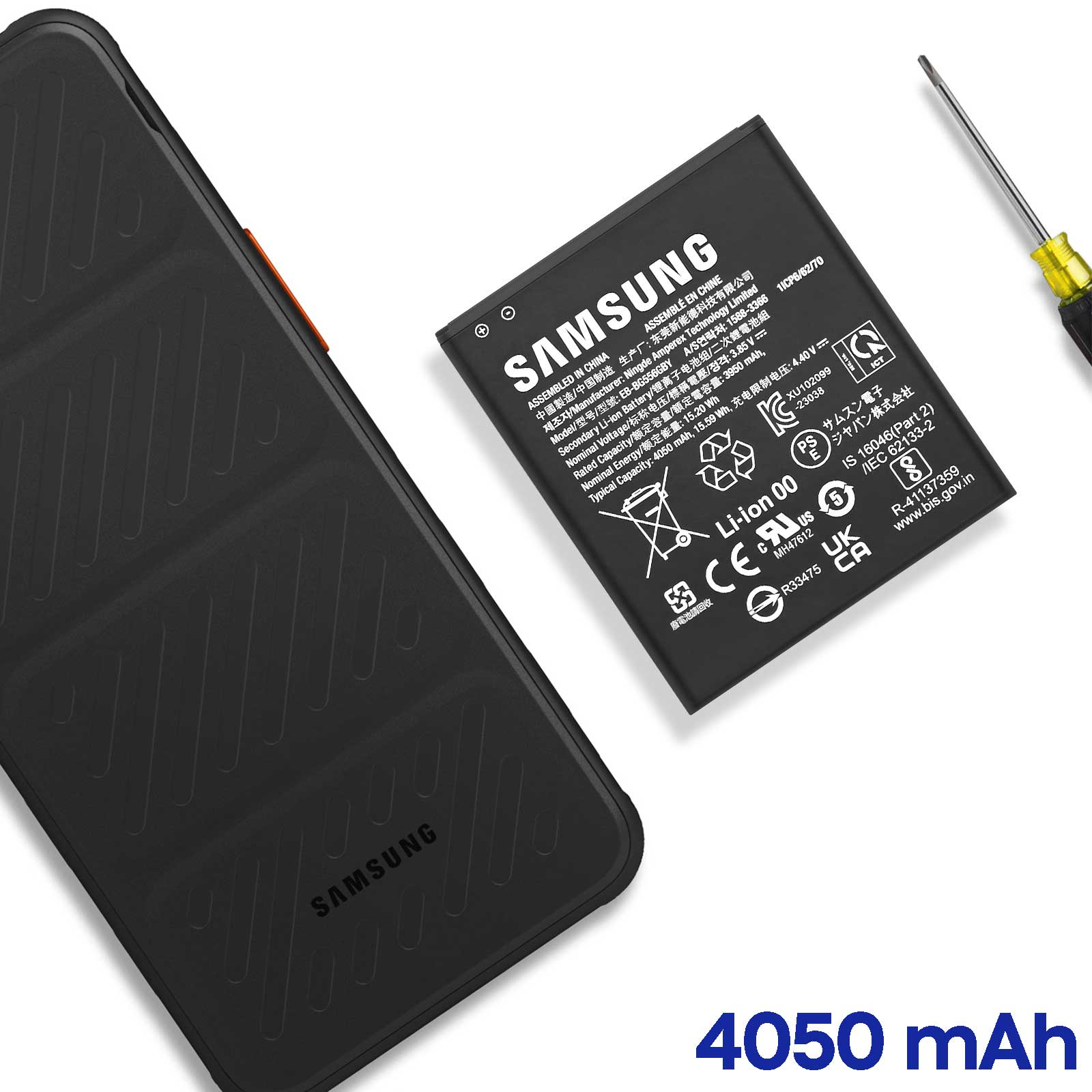 Batería Samsung negra con detalles, destornillador al lado.
