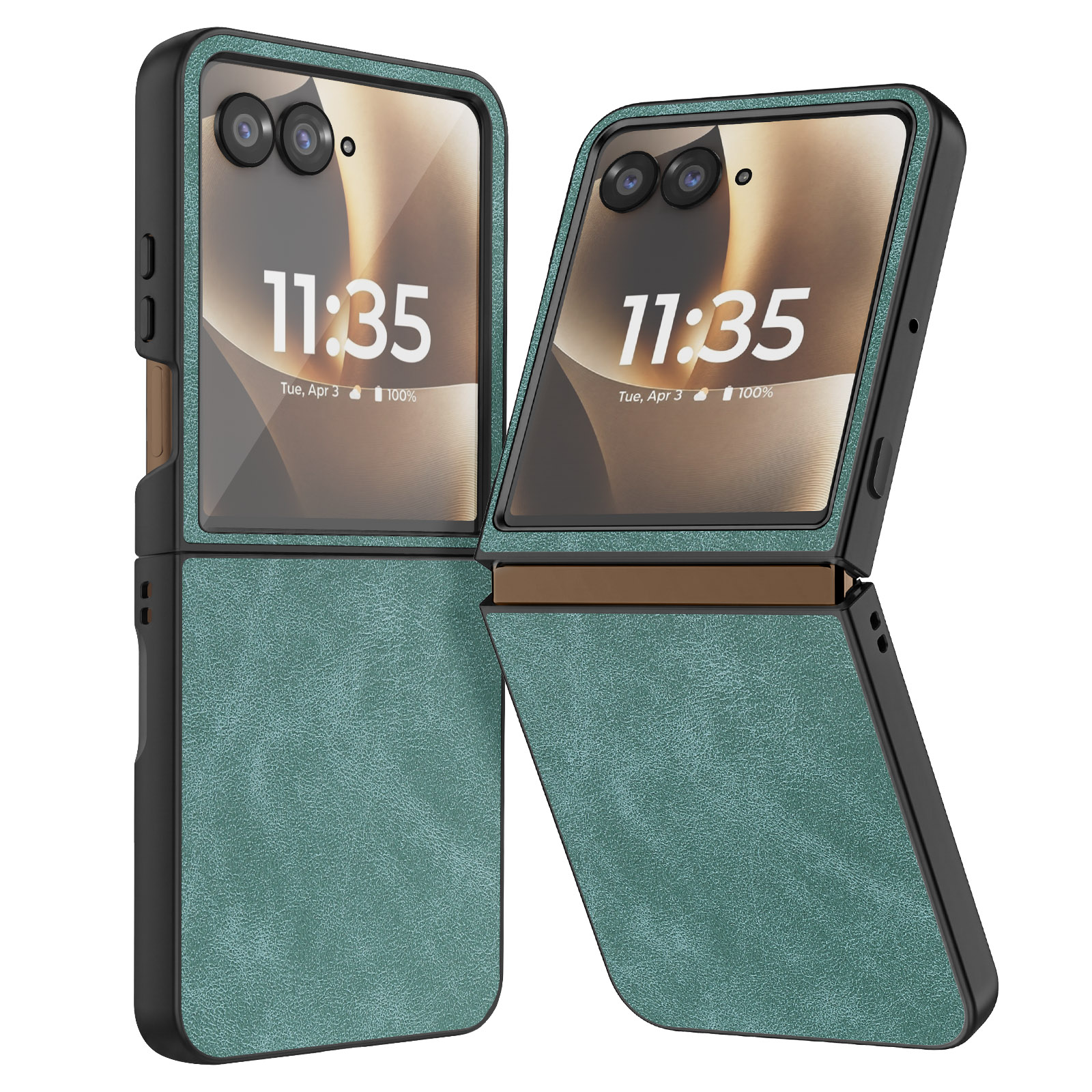Dos fundas de teléfono plegables color verde azulado con cámaras y pantallas mostrando 11:35.