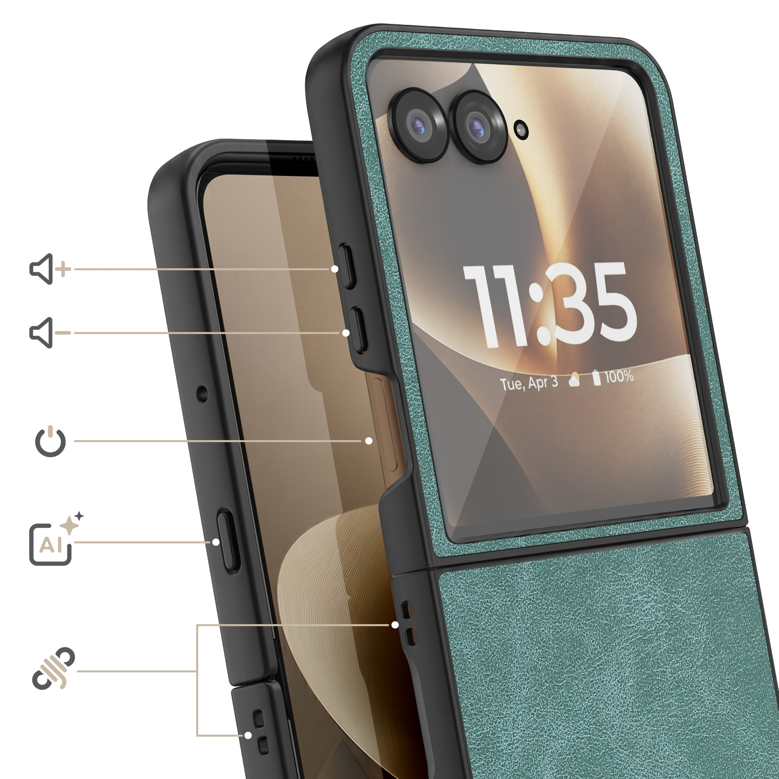 Un smartphone abierto con funda turquesa, mostrando cámaras traseras.