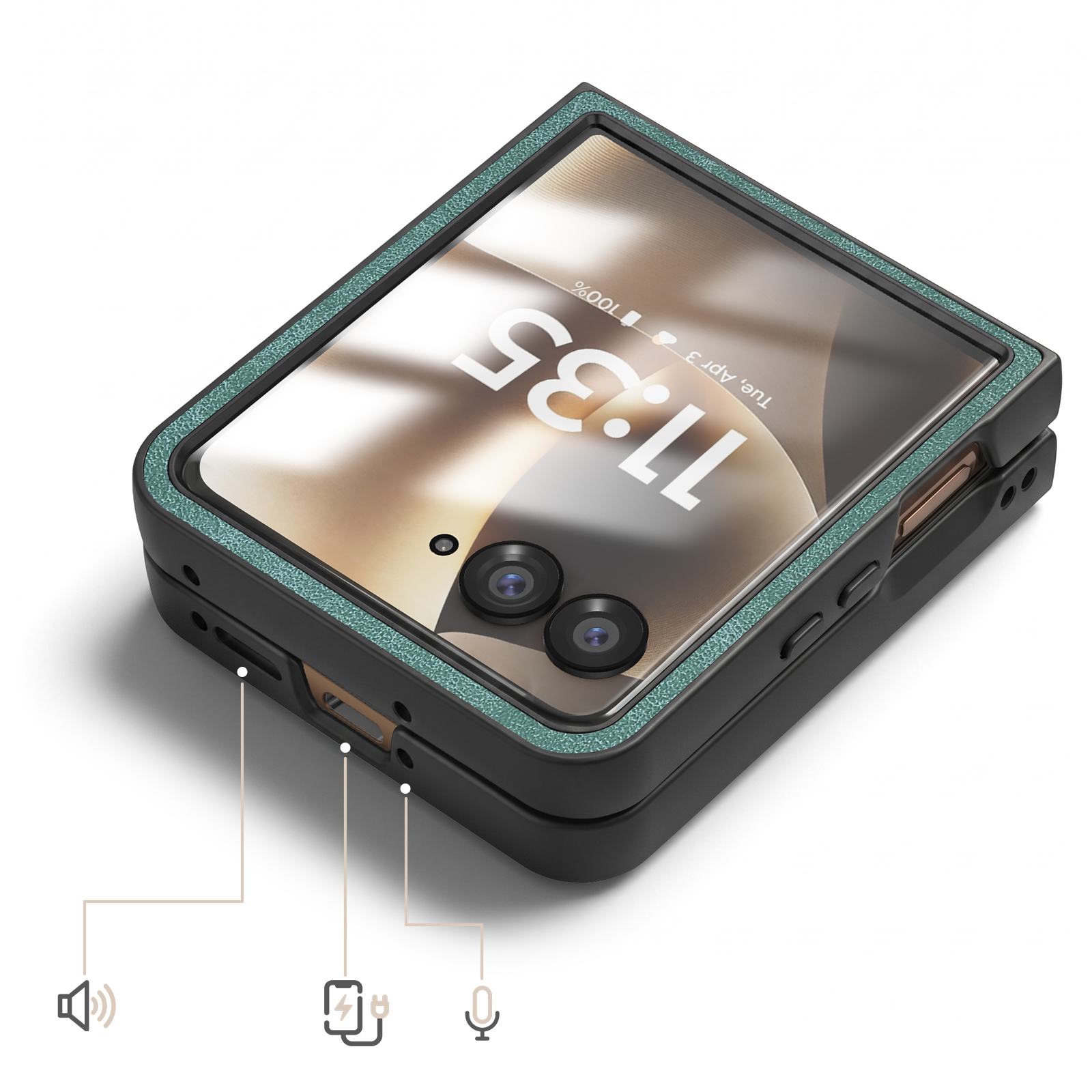 Un smartphone cerrado con marco turquesa y cámara dual.
