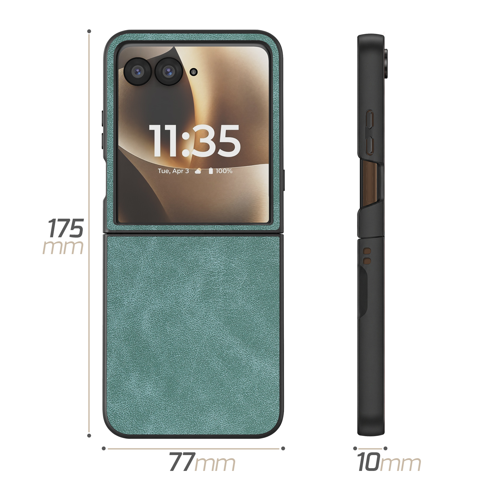 Funda de teléfono verde azulado con cámara, hora y dimensiones 175x77x10mm.