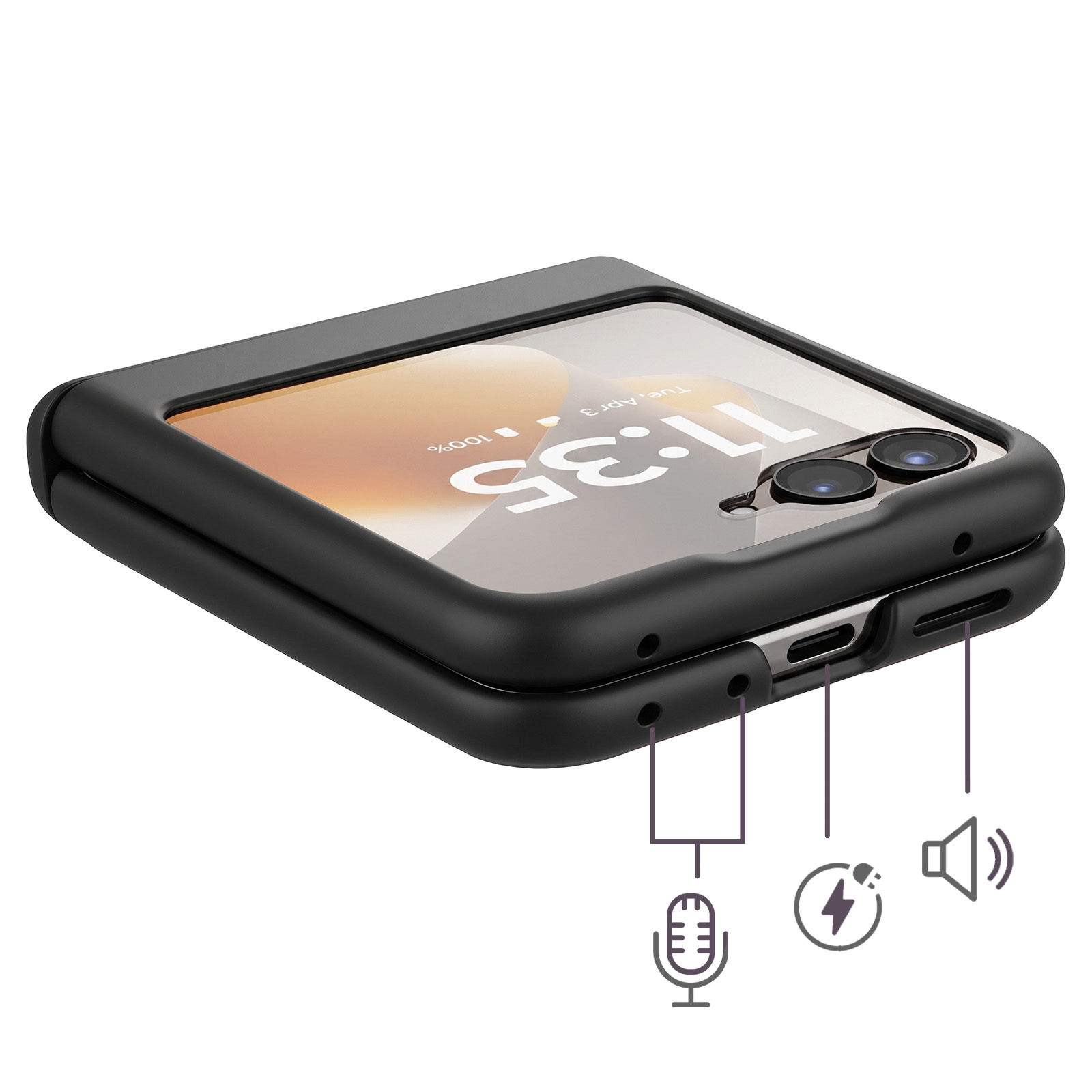 Schwarze Handyhülle zeigt einen USB-C-Anschluss, Mikrofon- und Lautsprechersymbole.