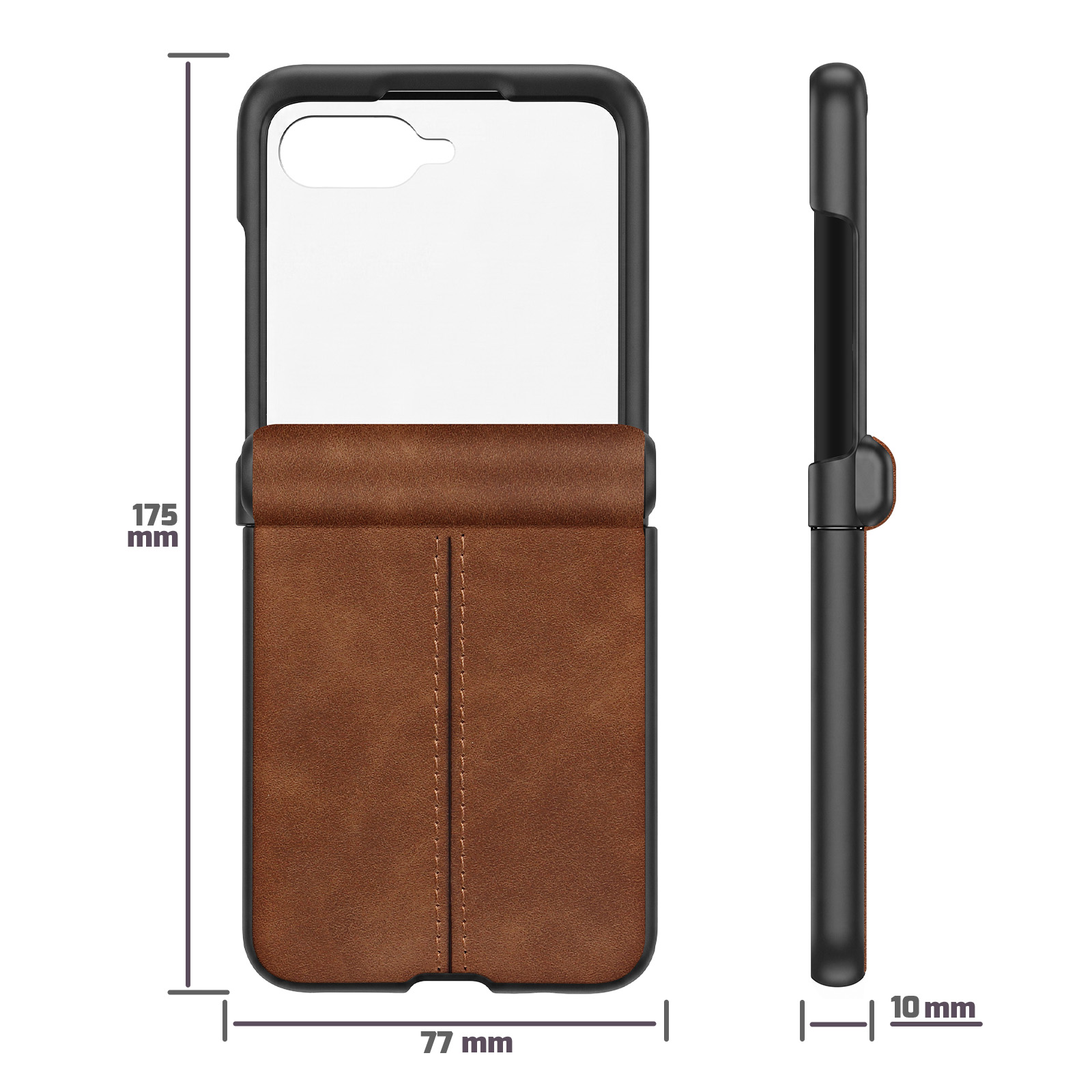Braune Lederhülle für ein Smartphone mit Maßen 175x77x10 mm.