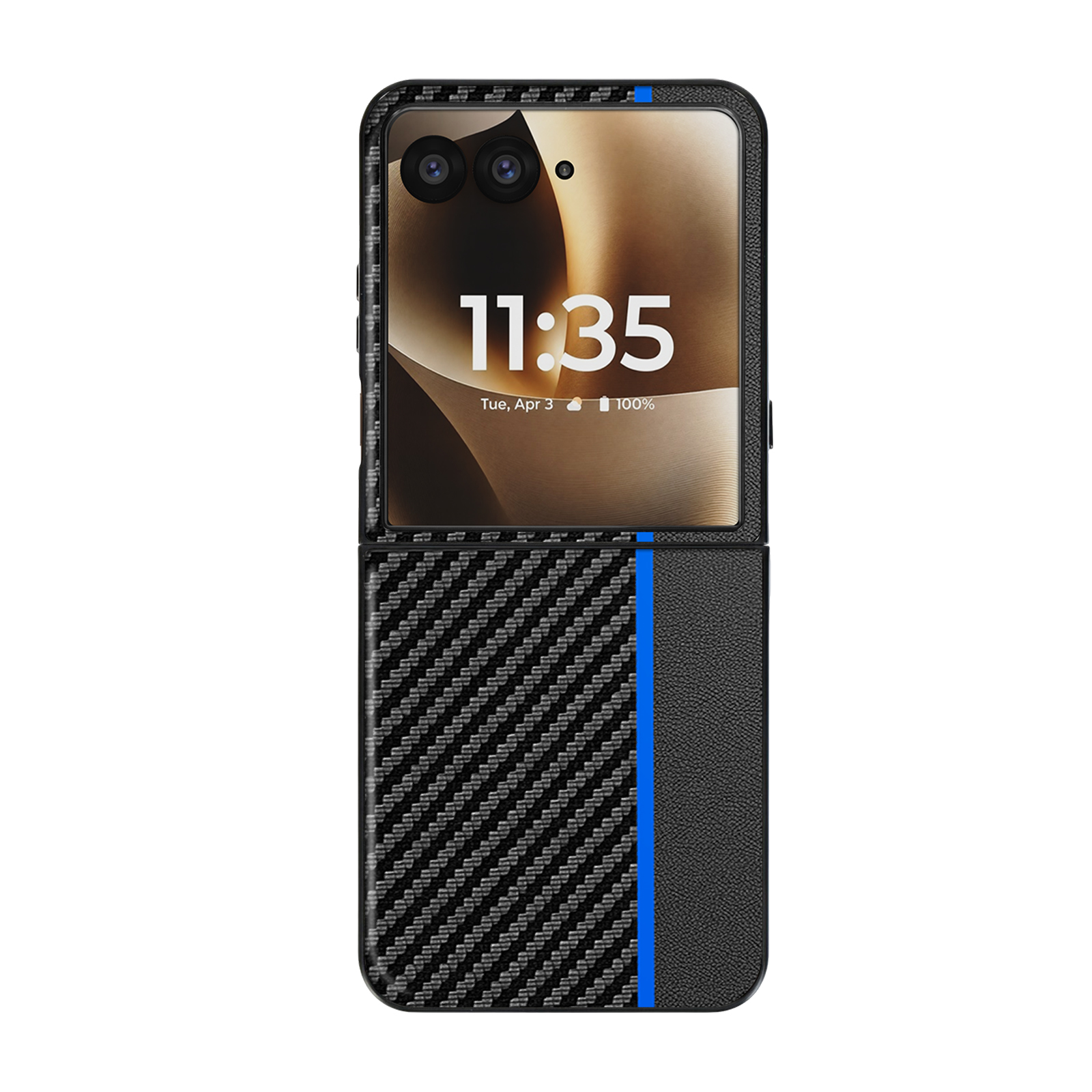 Ein aufklappbares Smartphone mit Carbon-Muster und blauer Linie.