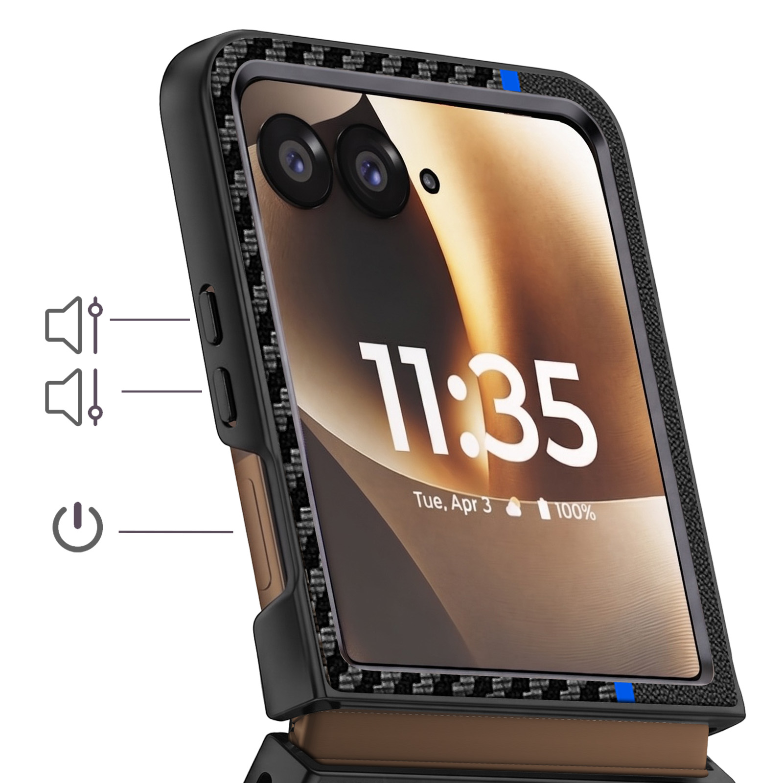 Schwarzes Handy-Schutzcase mit Carbon-Akzenten, zeigt 11:35 Uhr.