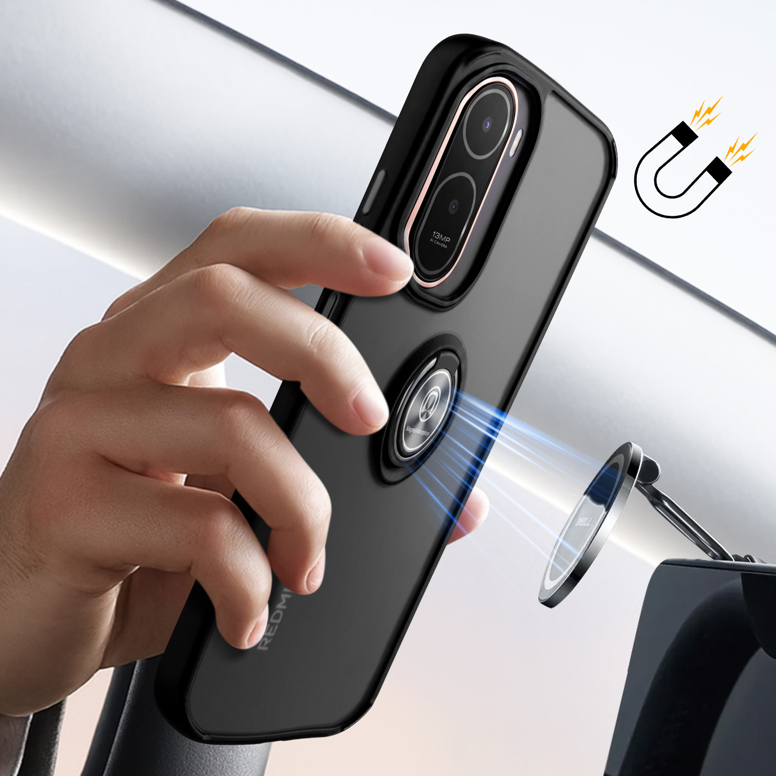Schwarze Handyhülle mit Ringhalter wird magnetisch an Autohalterung befestigt.