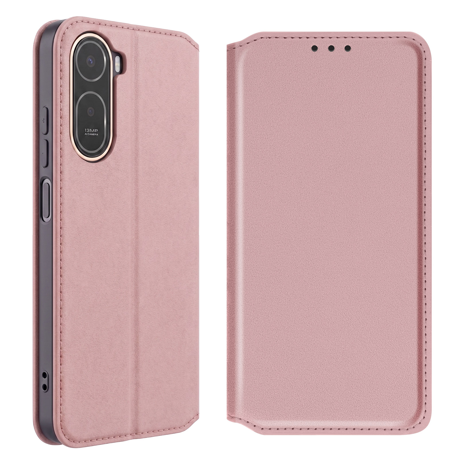 Ein rosa Handyhülle mit Kameras und Knöpfen ist auf der linken Seite geöffnet.