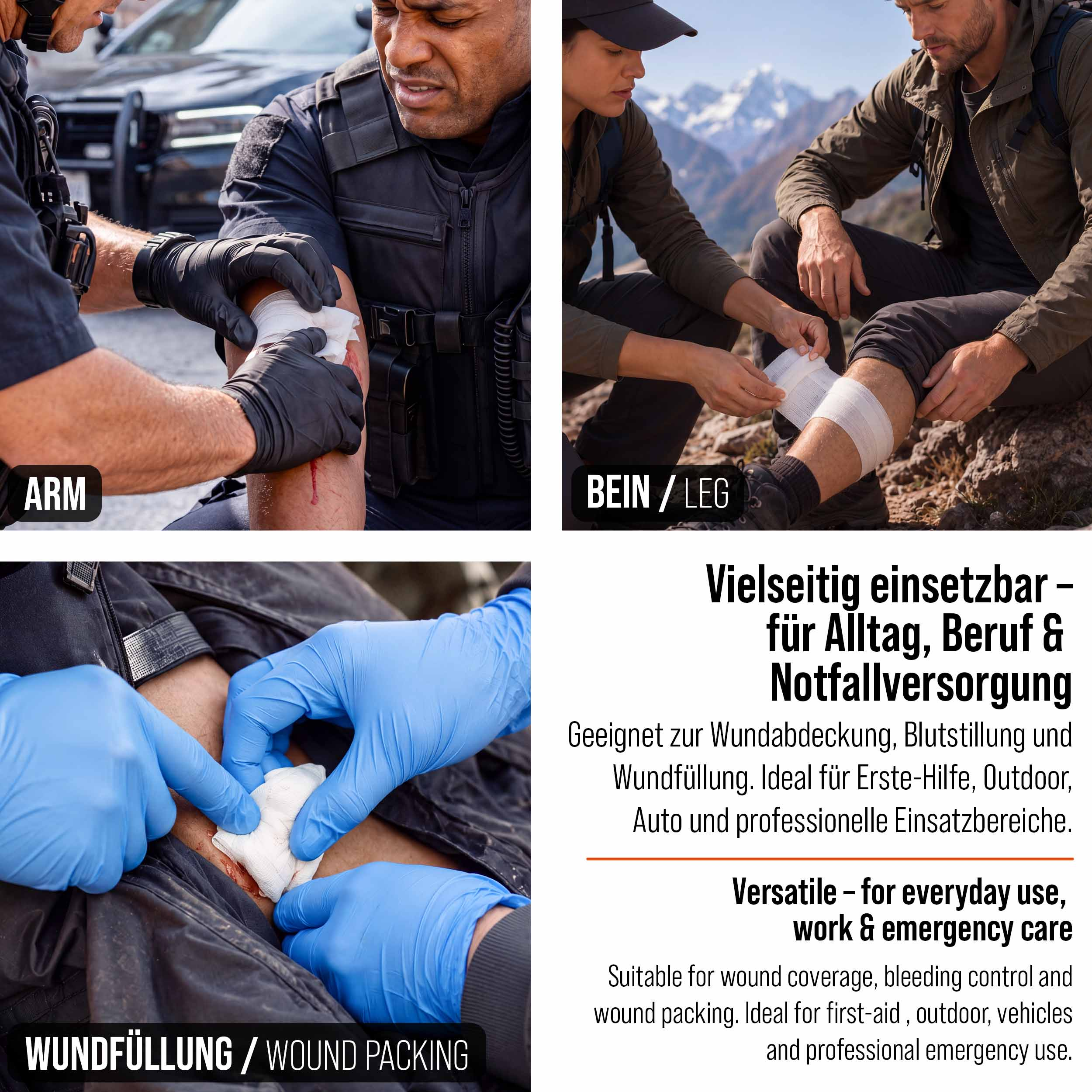 Verschiedene Szenen: Verband am Arm, Bein und Wundfüllung.