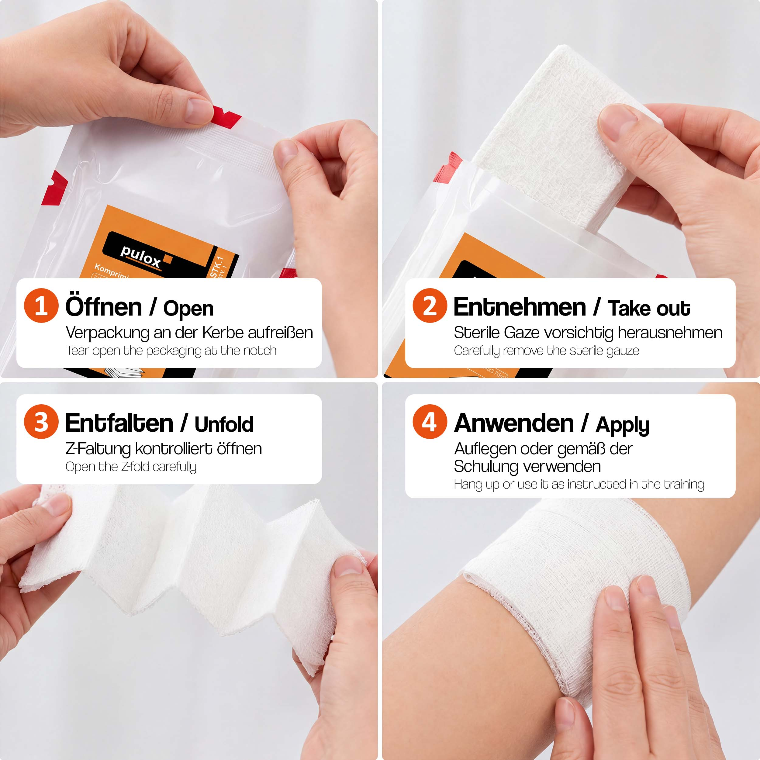 Anleitung: Verpackung öffnen, Gaze entnehmen, entfalten und anlegen.