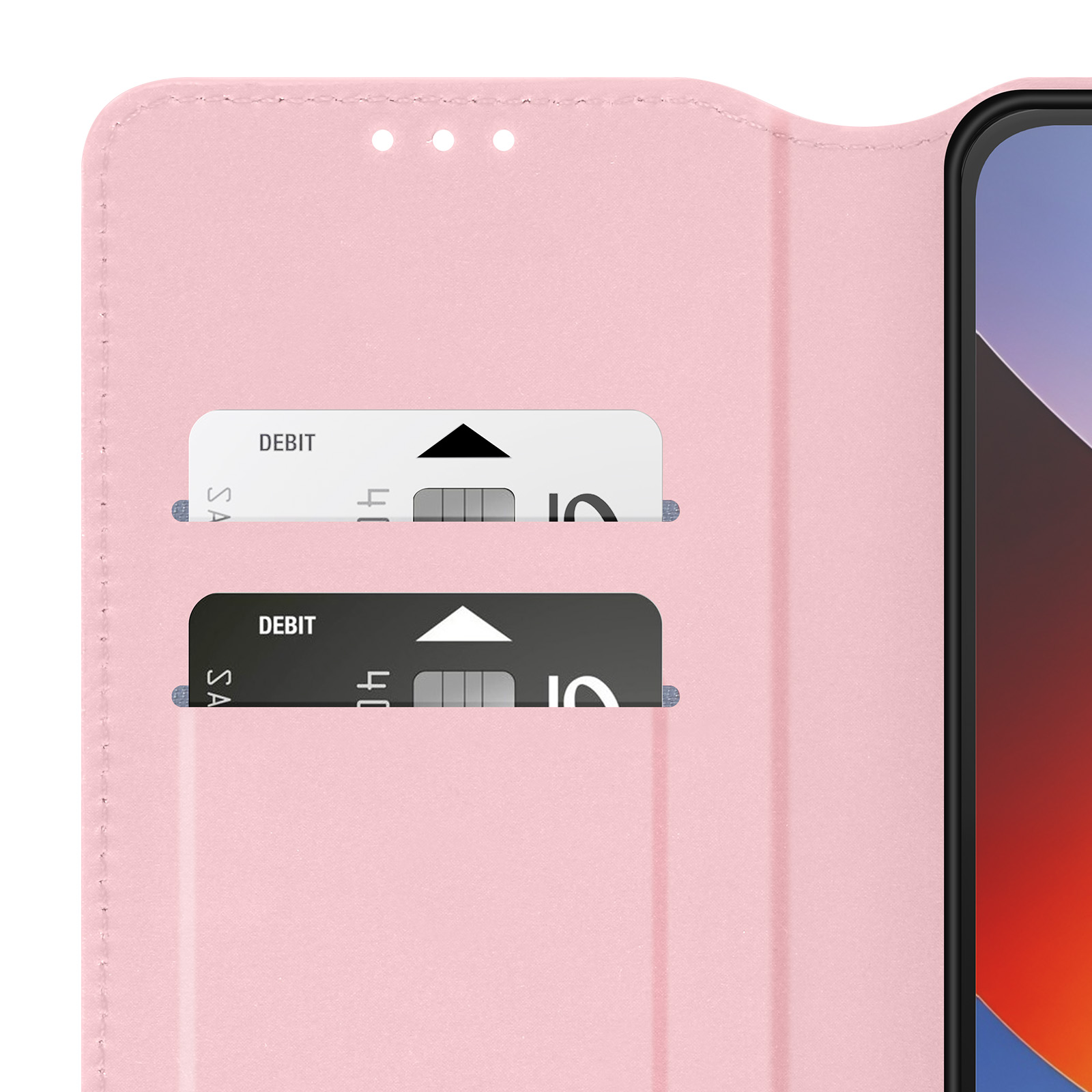 Pinke Handyhülle mit zwei Kartenfächern und sichtbarem Handy-Display.