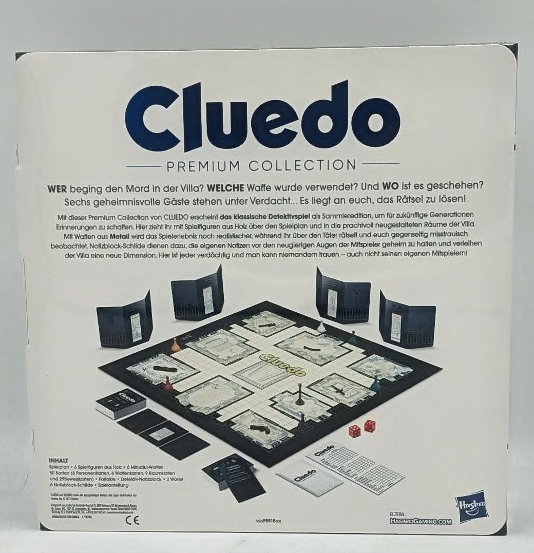 Das Cluedo Premium Collection Brettspiel mit Spielfeld, Figuren, Karten und Würfeln.