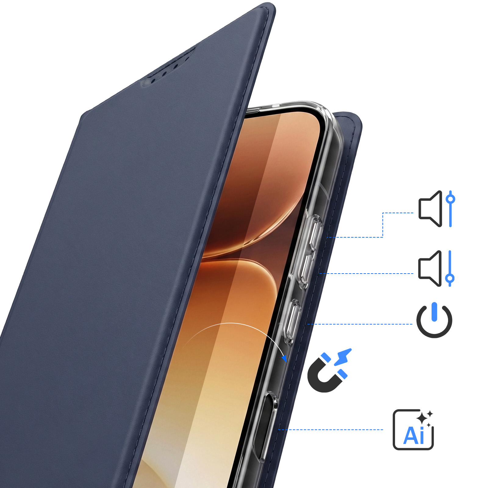 Blaue Flip-Handyhülle geöffnet, zeigt Telefon mit Symbolen für Ton, Strom, Magnet, KI.