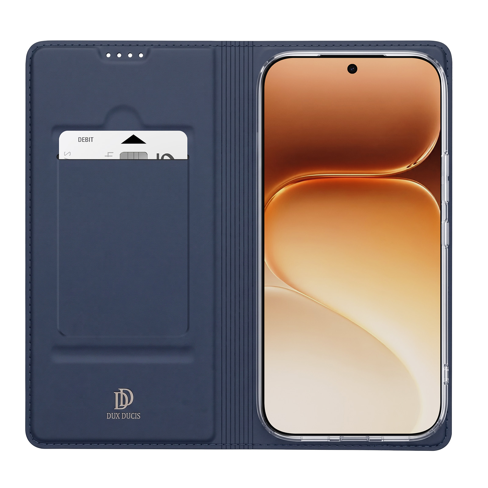 Dunkelblaue Handyhülle mit Karteneinschub und einem Smartphone mit braunem Hintergrund.