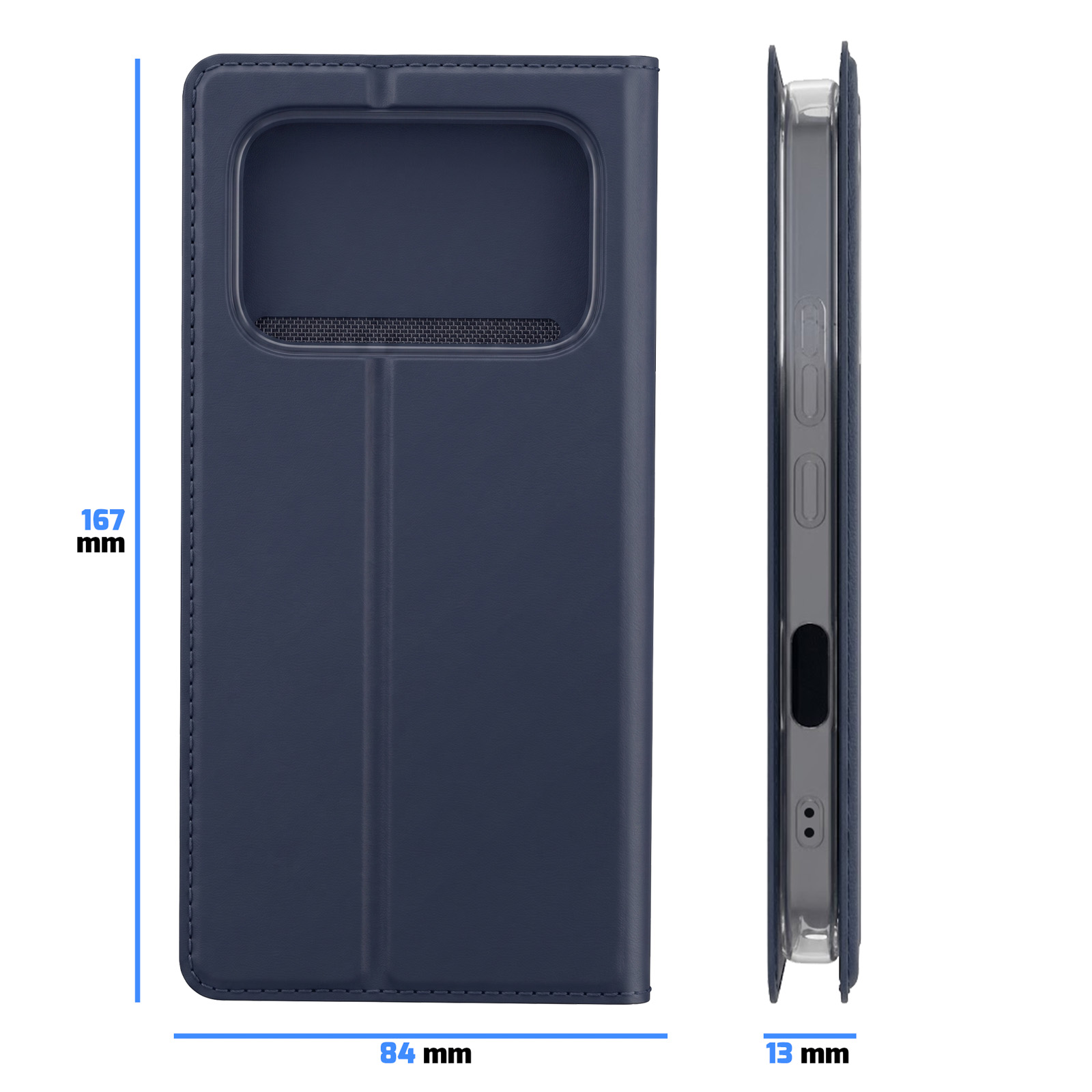 Dunkelblaues Handycover mit Maßen 167x84x13 mm, Ansicht von vorne und Seite.