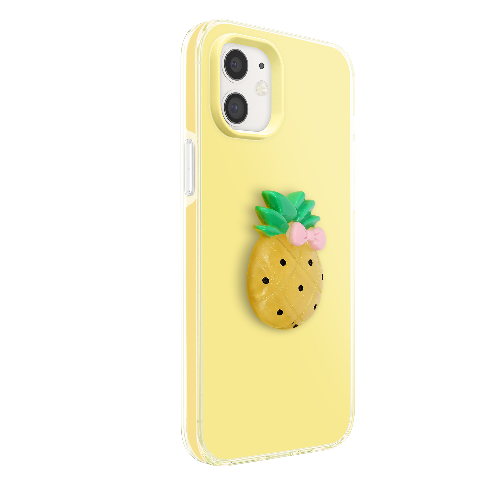 Ein gelbes iPhone-Case mit einem glitzernden Ananas-Aufkleber mit rosa Schleife.
