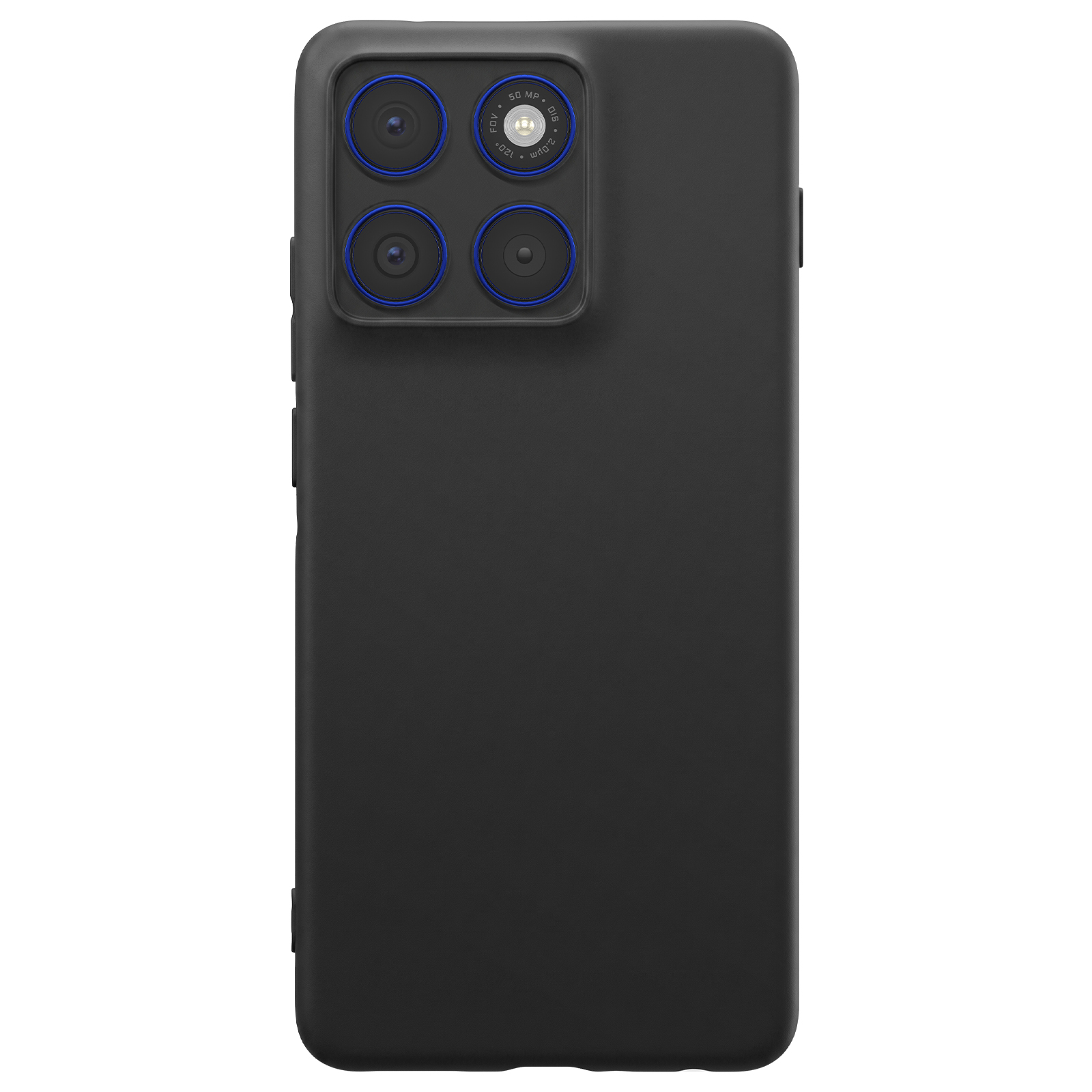 Schwarzes Smartphone mit vier Kameras und blauen Ringen.