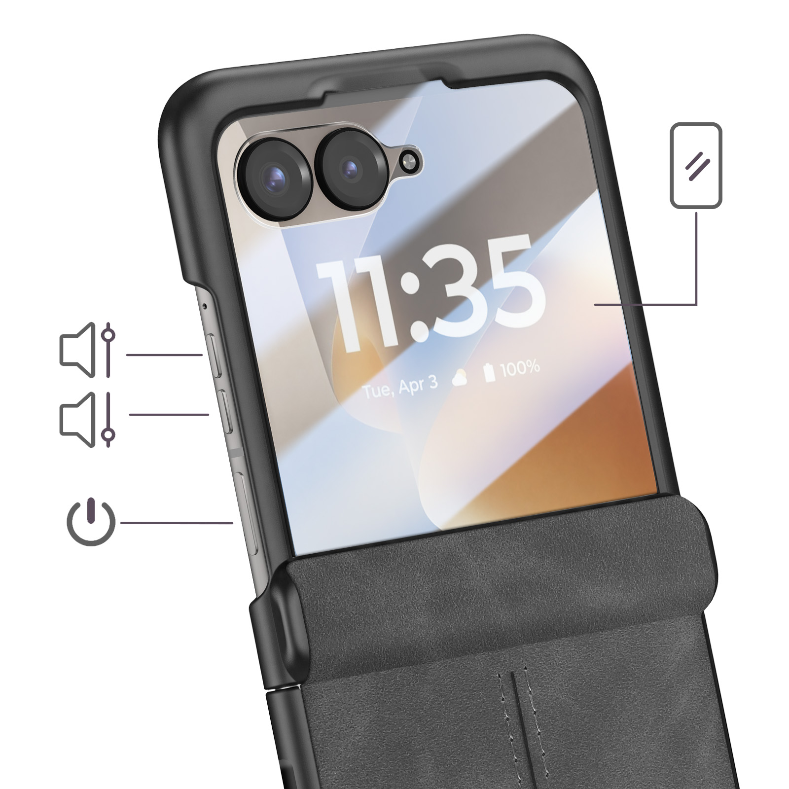 Ein Smartphone in einer schwarzen Hülle, das die Uhrzeit 11:35 anzeigt.