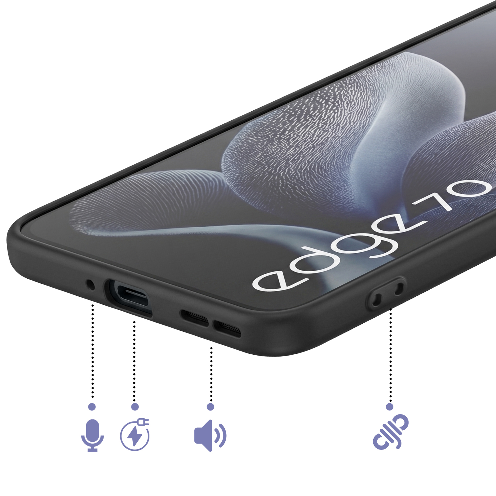 Ein schwarzes Smartphone mit "edge 70" Schriftzug und Symbolen für Mikrofon, Laden, Lautsprecher.
