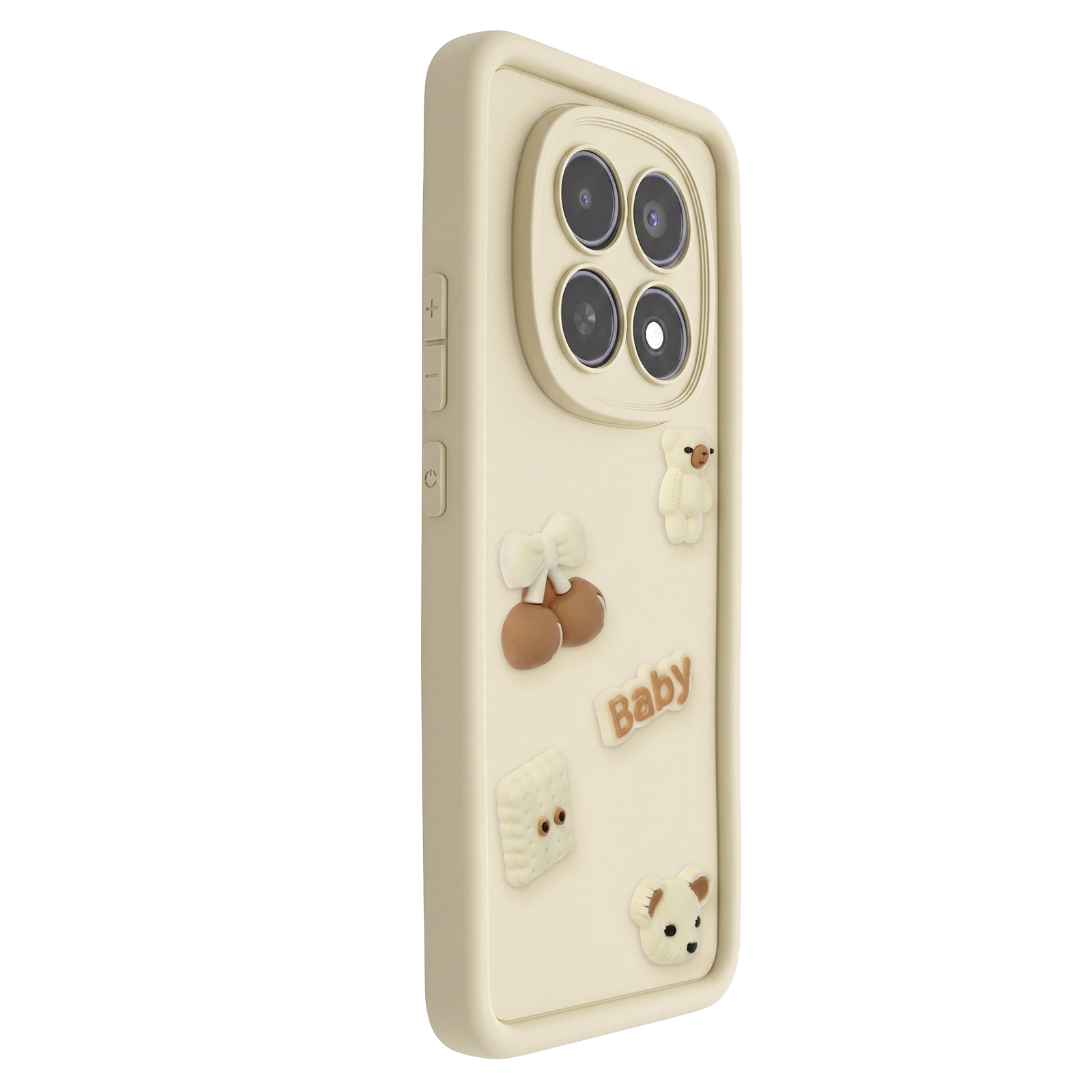 Funda de teléfono color crema con ositos de peluche, cerezas y la palabra Baby.