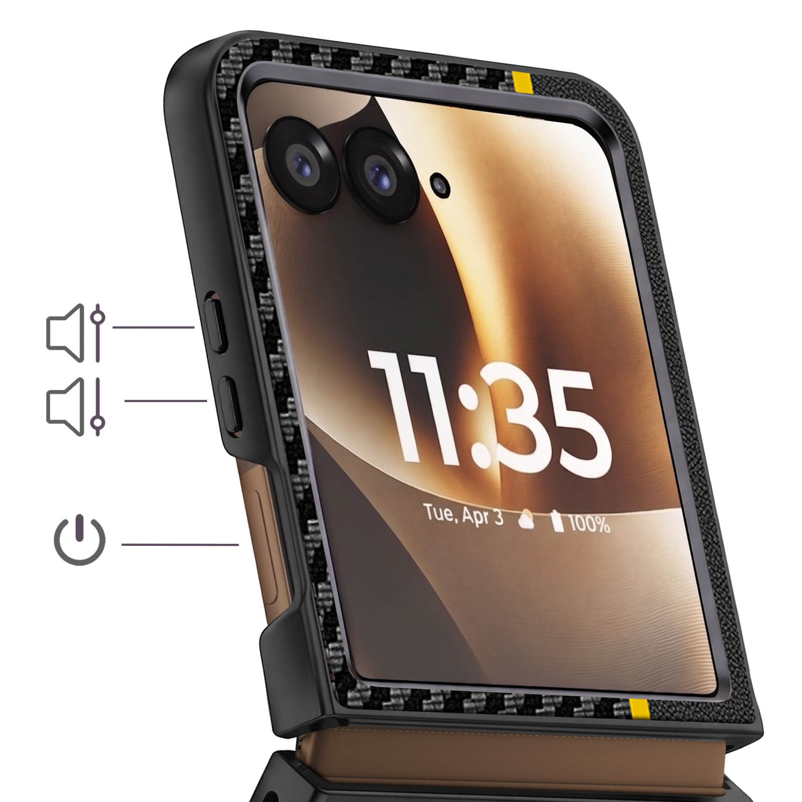 Ein schwarzes Handy mit Carbon-Rand zeigt 11:35 Uhr und 100% Akku.