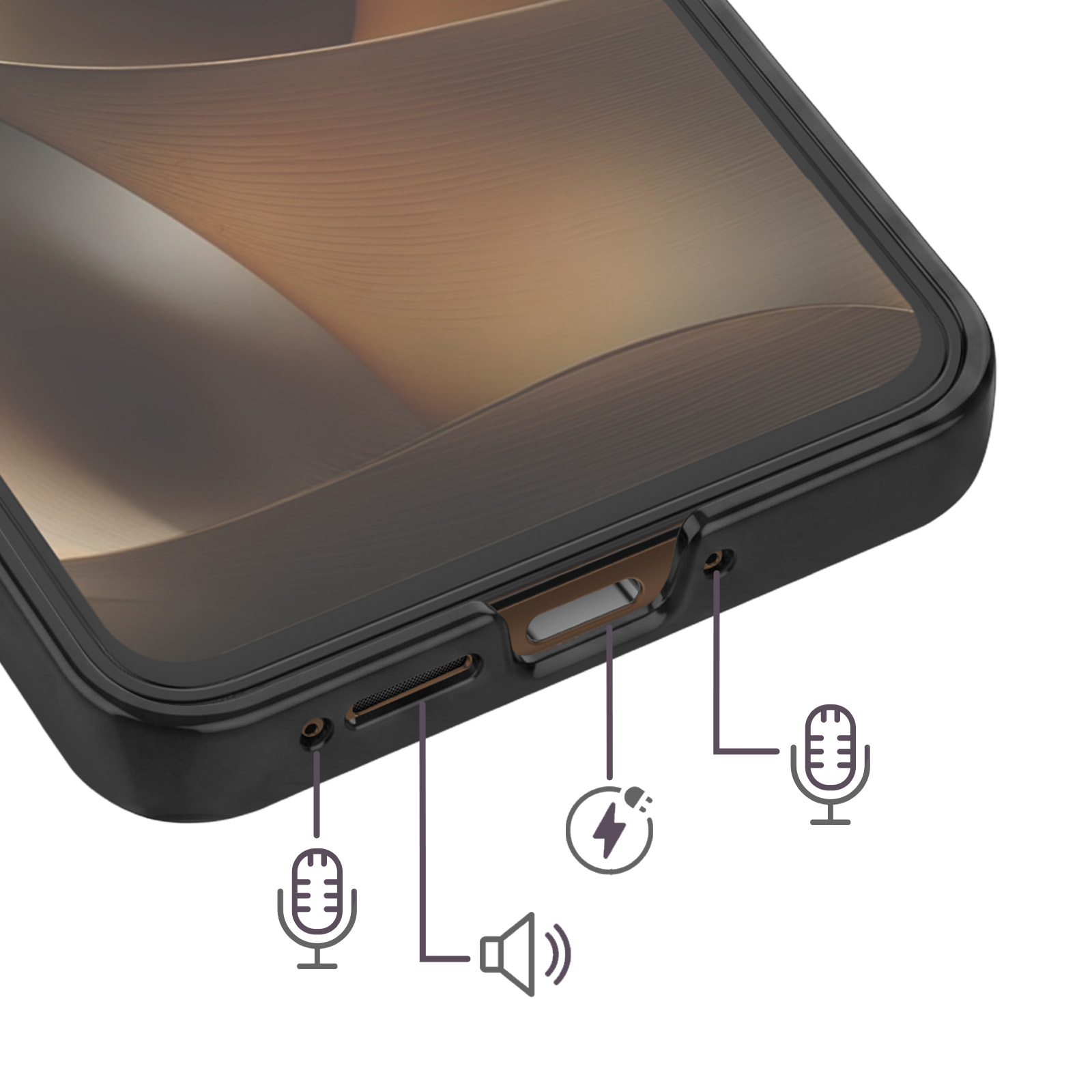 Nahaufnahme eines schwarzen Smartphone-Gehäuses mit Anschlüssen und Symbolen.