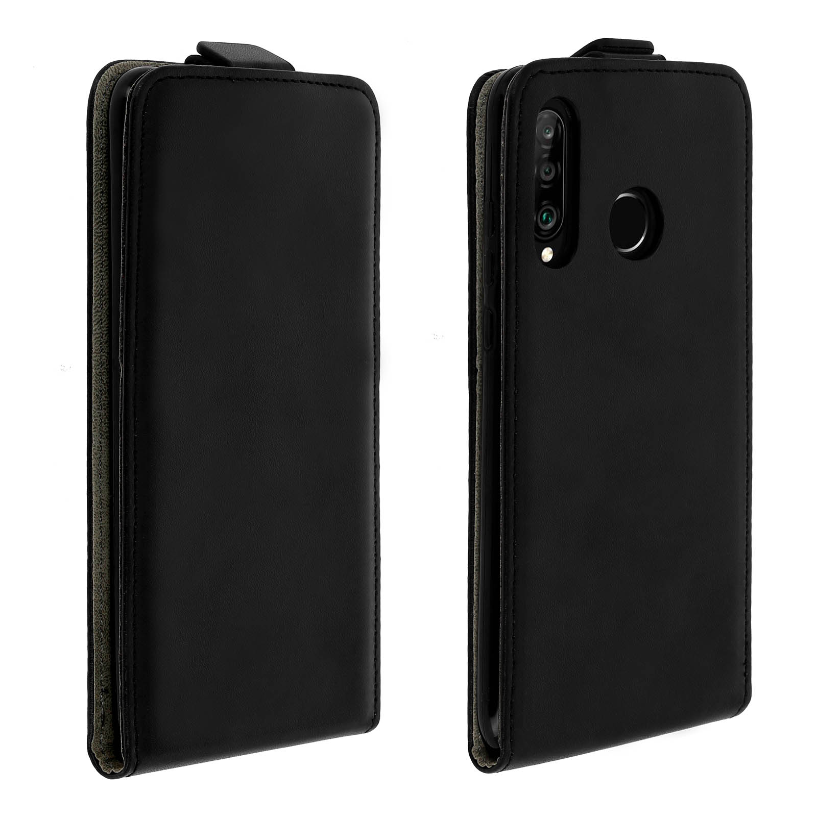 Funda de teléfono negra de cuero tipo flip, vista frontal y trasera.