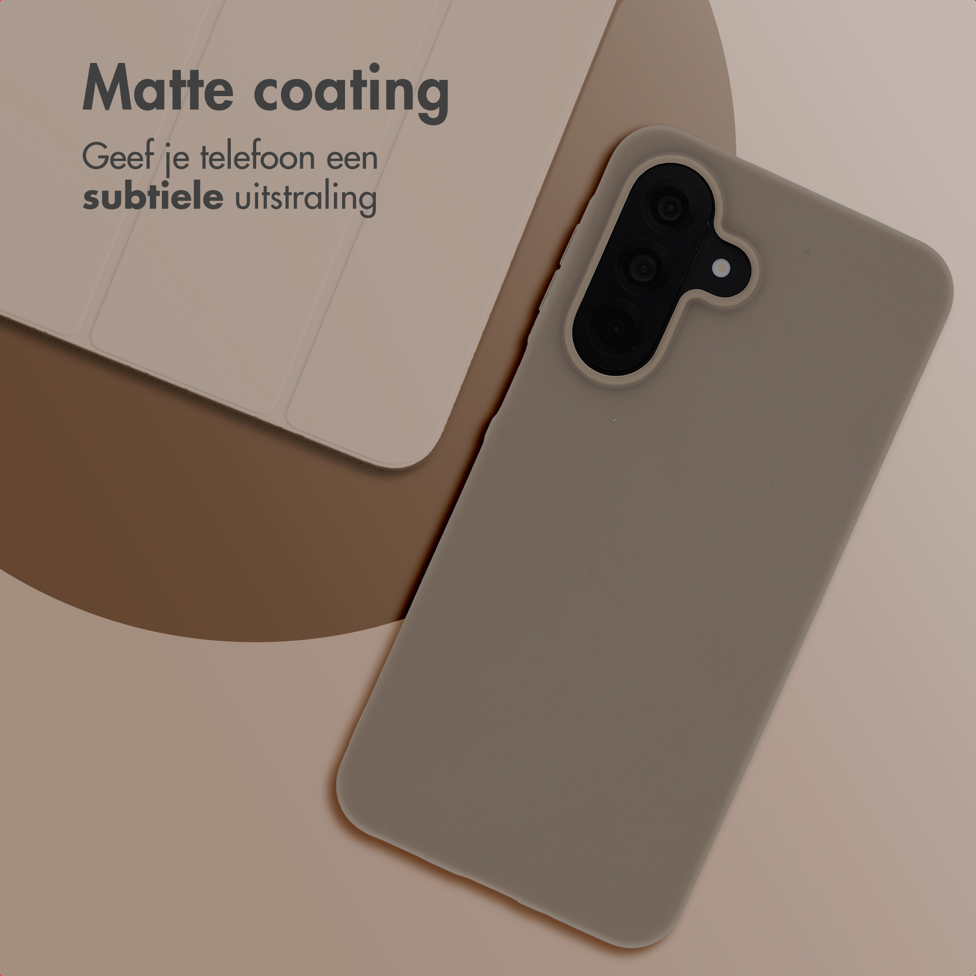 A taupe matte phone case lies next to another phone.