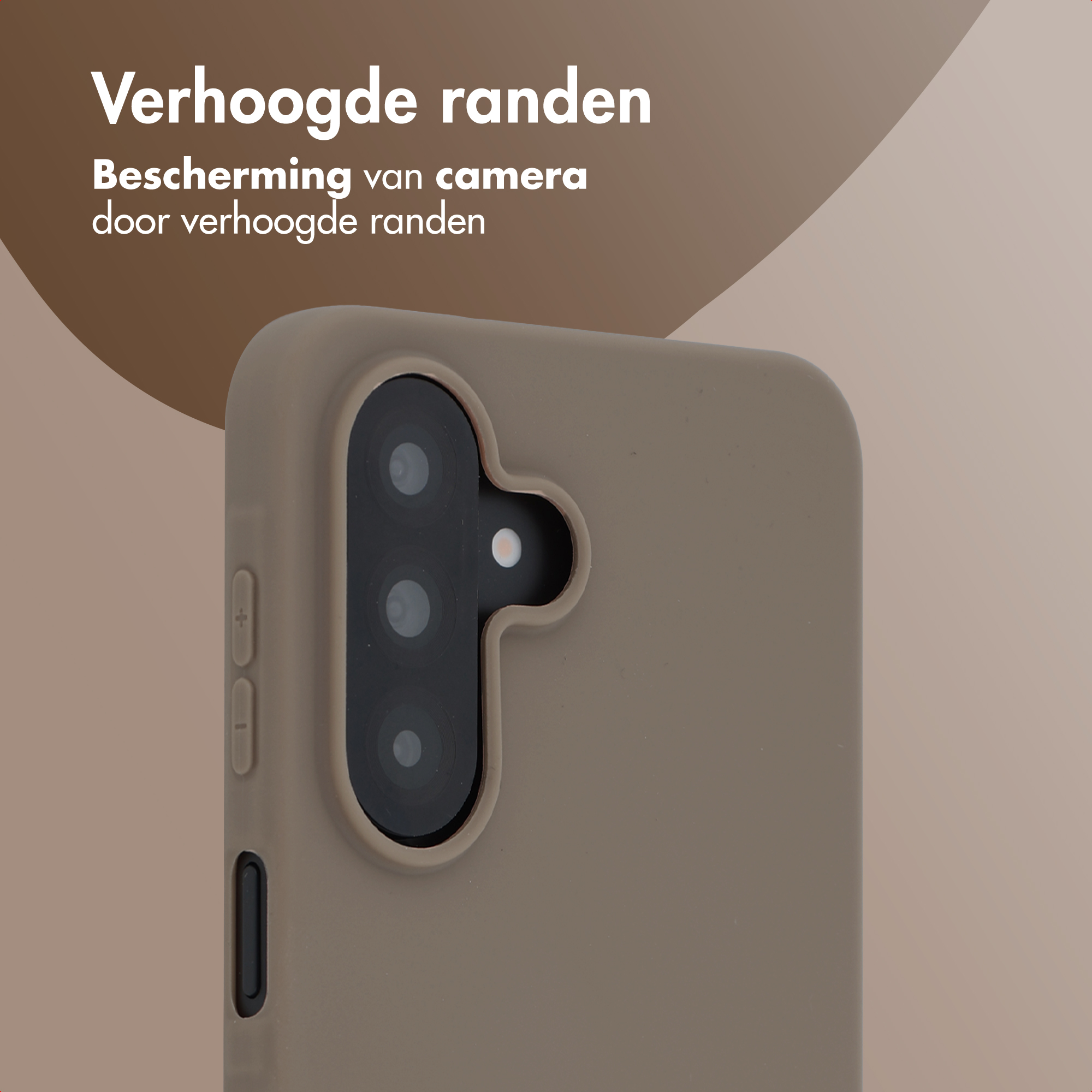 Close-up of a brown phone case with raised edges around the camera.