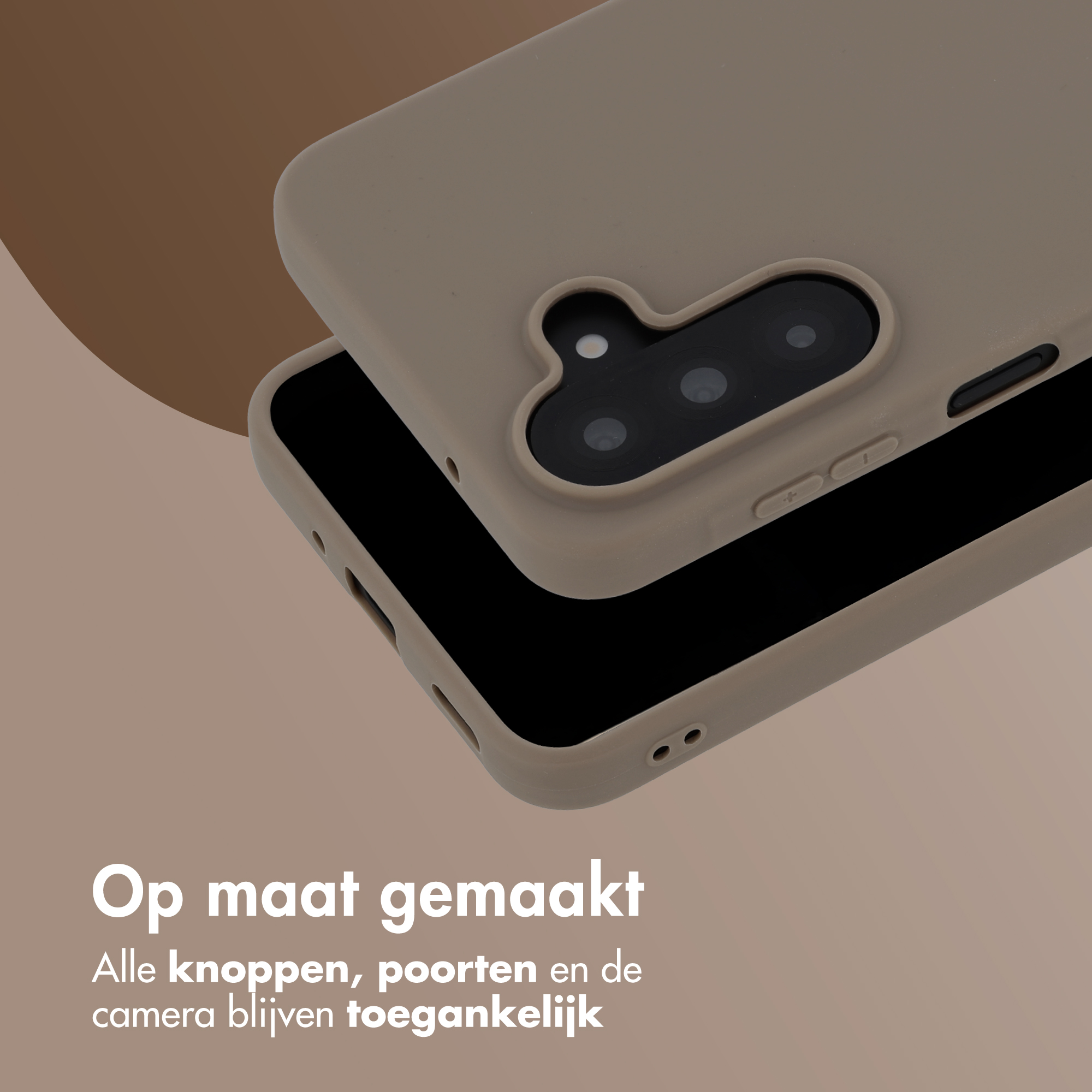 A beige phone case lies over a black smartphone. The camera is visible.