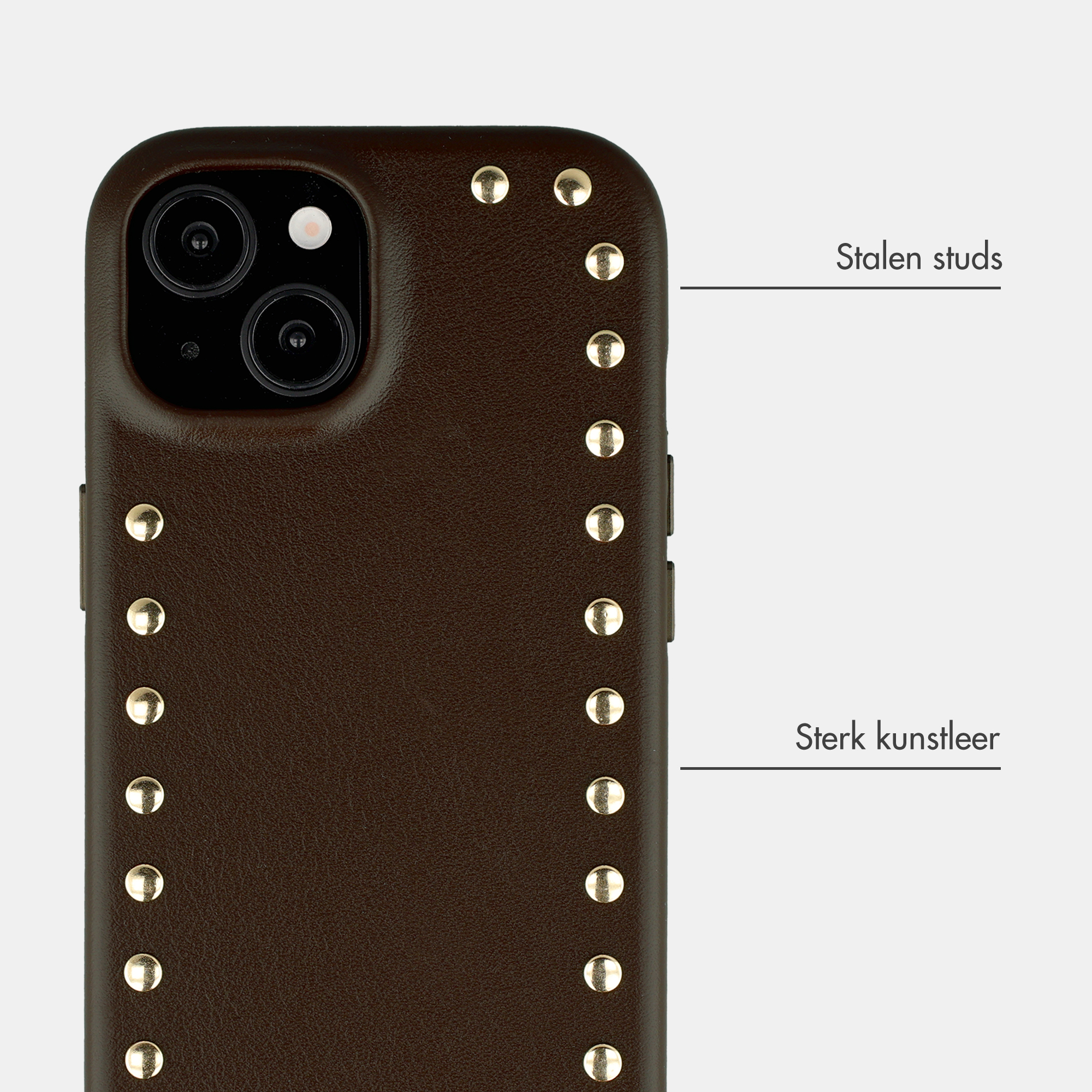 Brown faux leather phone case with gold studs and camera cutout.