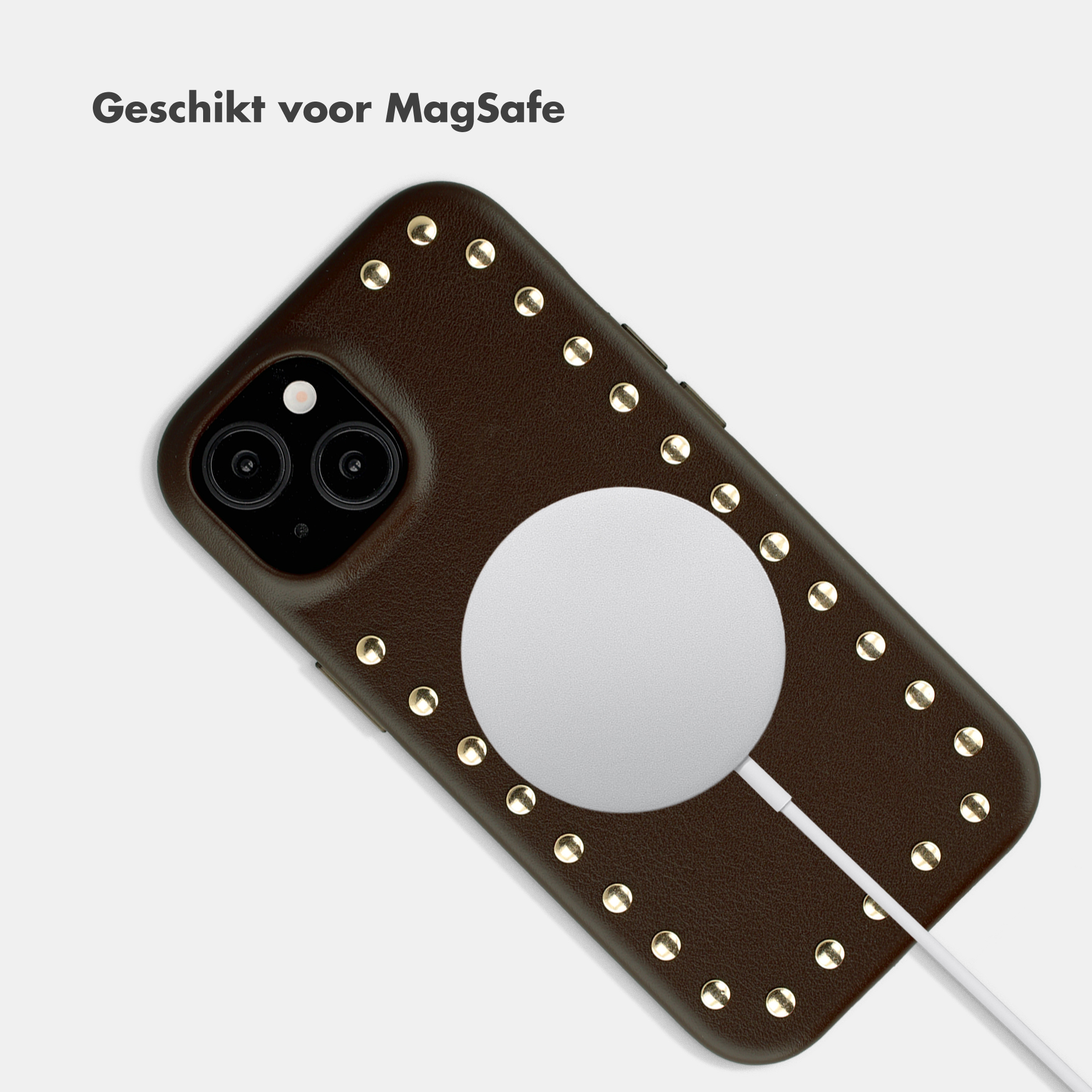 Dark brown phone case with studs and MagSafe charger.