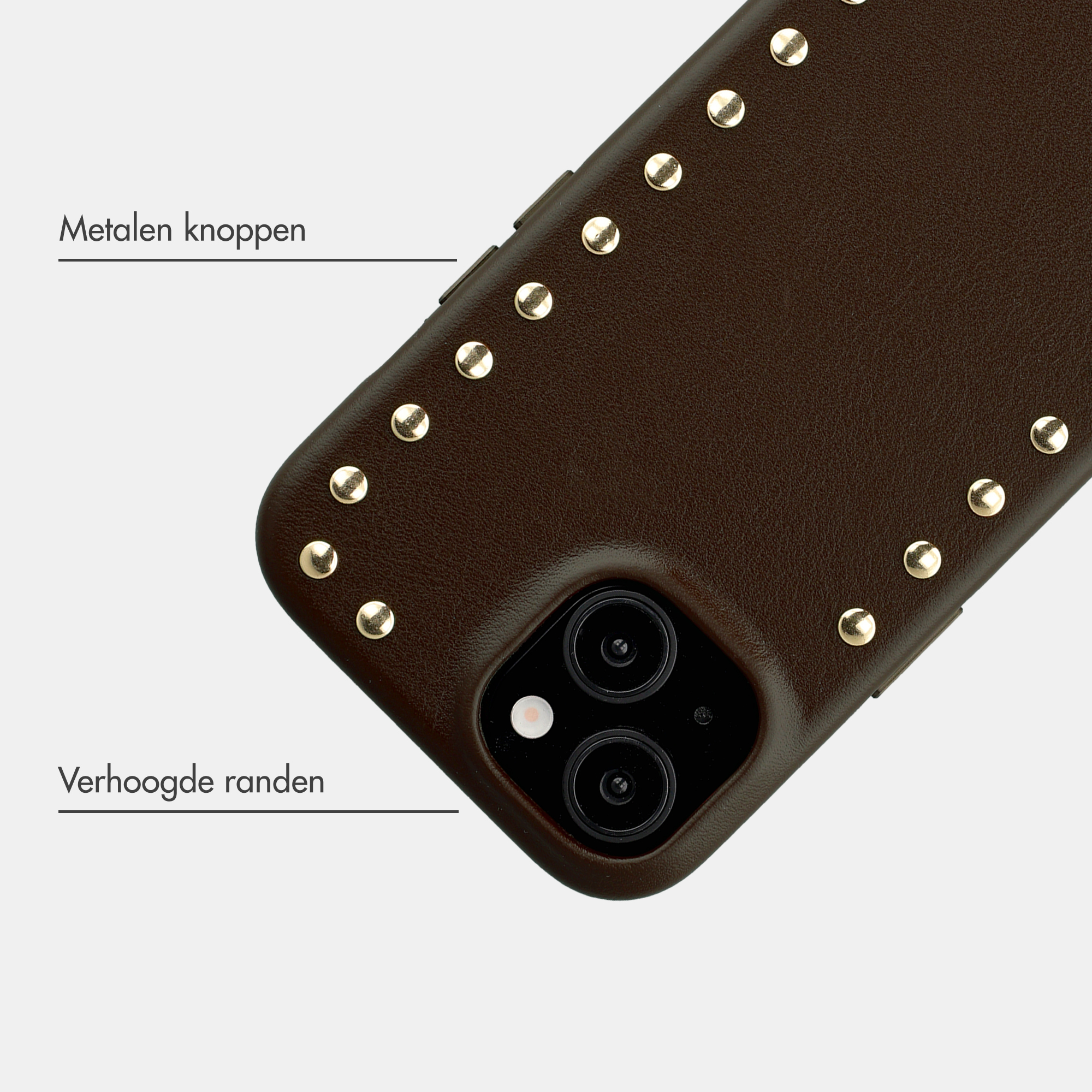 Dark brown phone case with metal studs and raised edges.