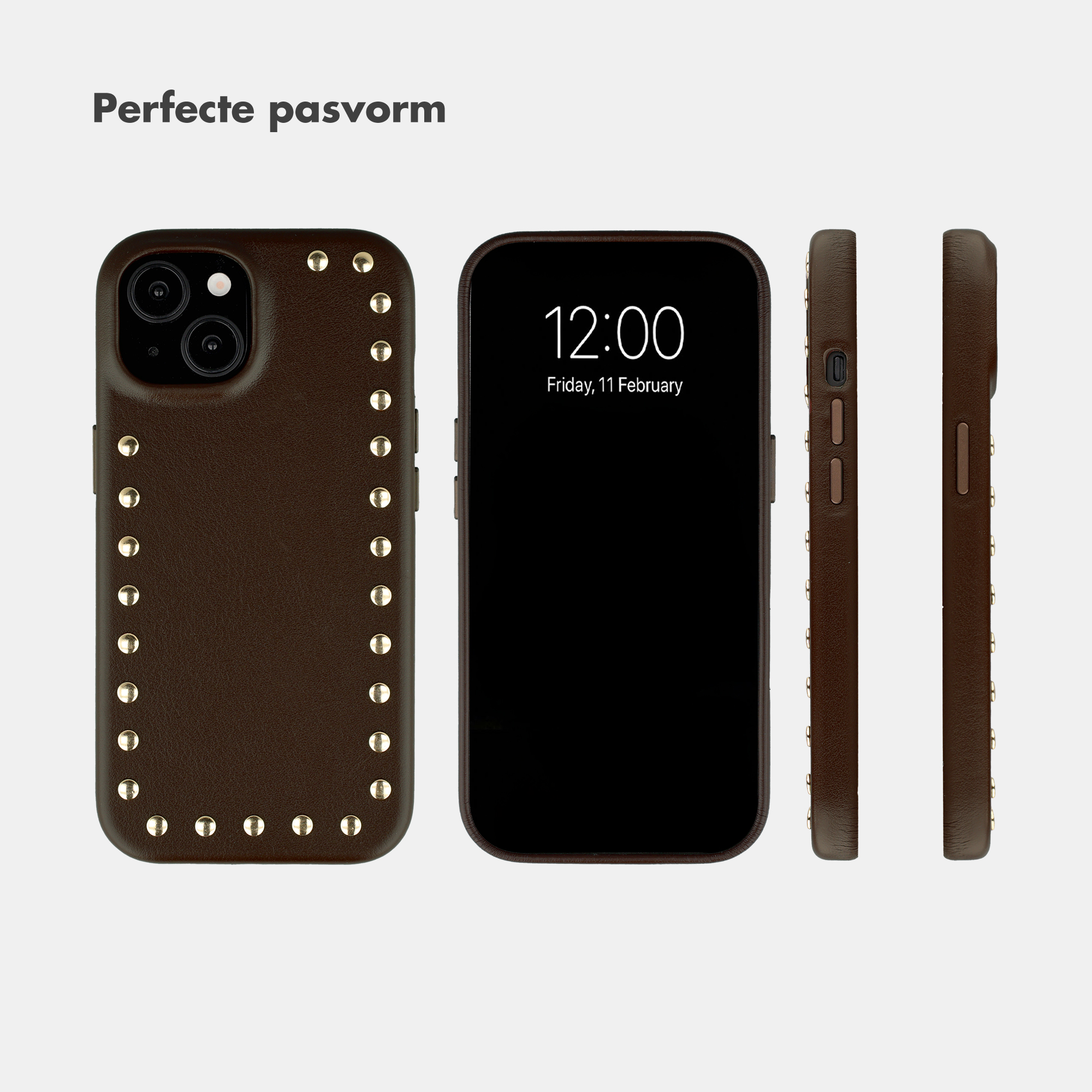 Brown phone case with studs and a phone showing 12:00.