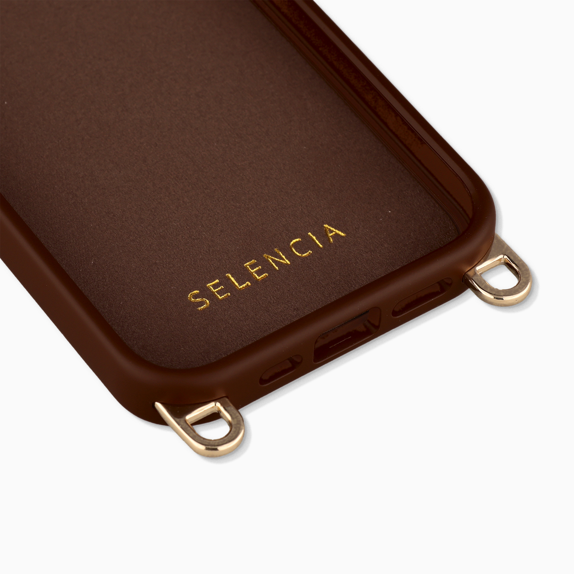 Coque de téléphone marron avec boucles dorées et lettrage SELENCIA.