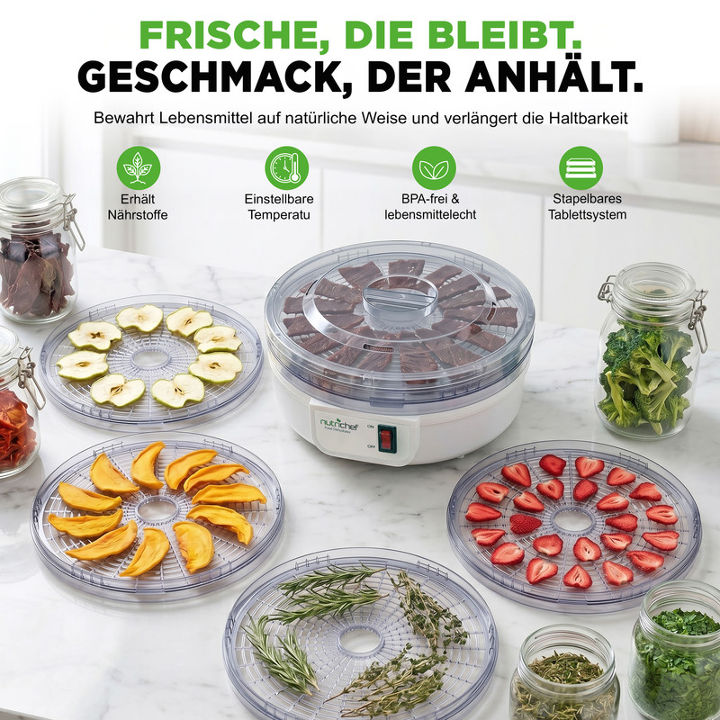 Ein Dörrautomat mit Obst, Gemüse und Kräutern auf den Tabletts.