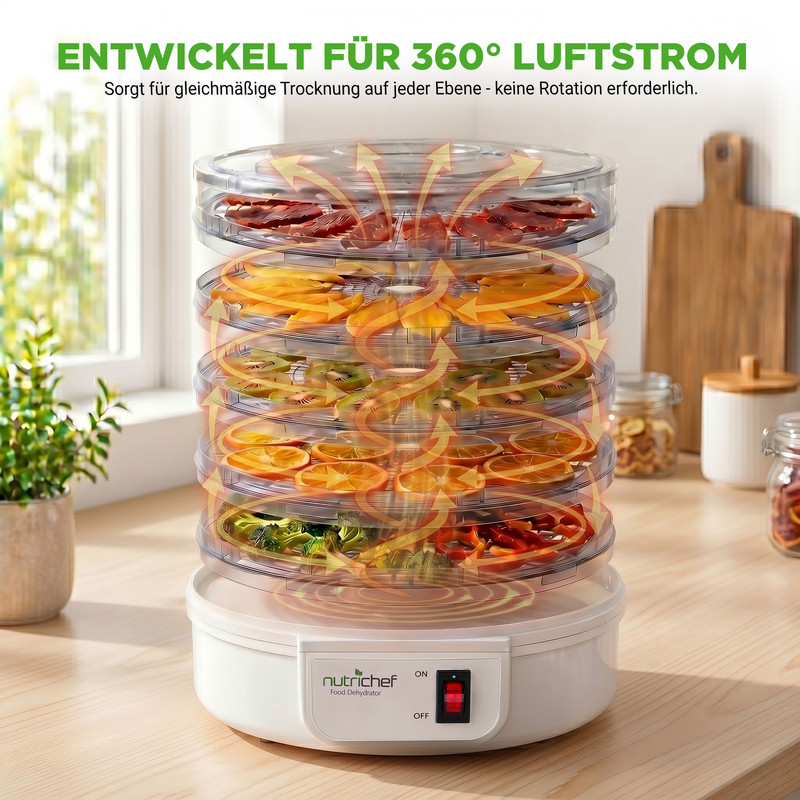 Lebensmitteltrockner mit fünf Ebenen, auf denen Obst und Gemüse getrocknet wird.
