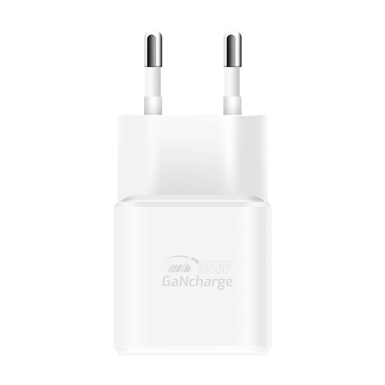 Ein weißer 35W GaNcharge Netzstecker mit zwei silbernen Stiften.