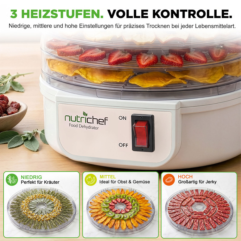 Ein NutriChef Dörrgerät mit drei Ebenen, gefüllt mit Obst und Fleisch. Drei Einstellungen.