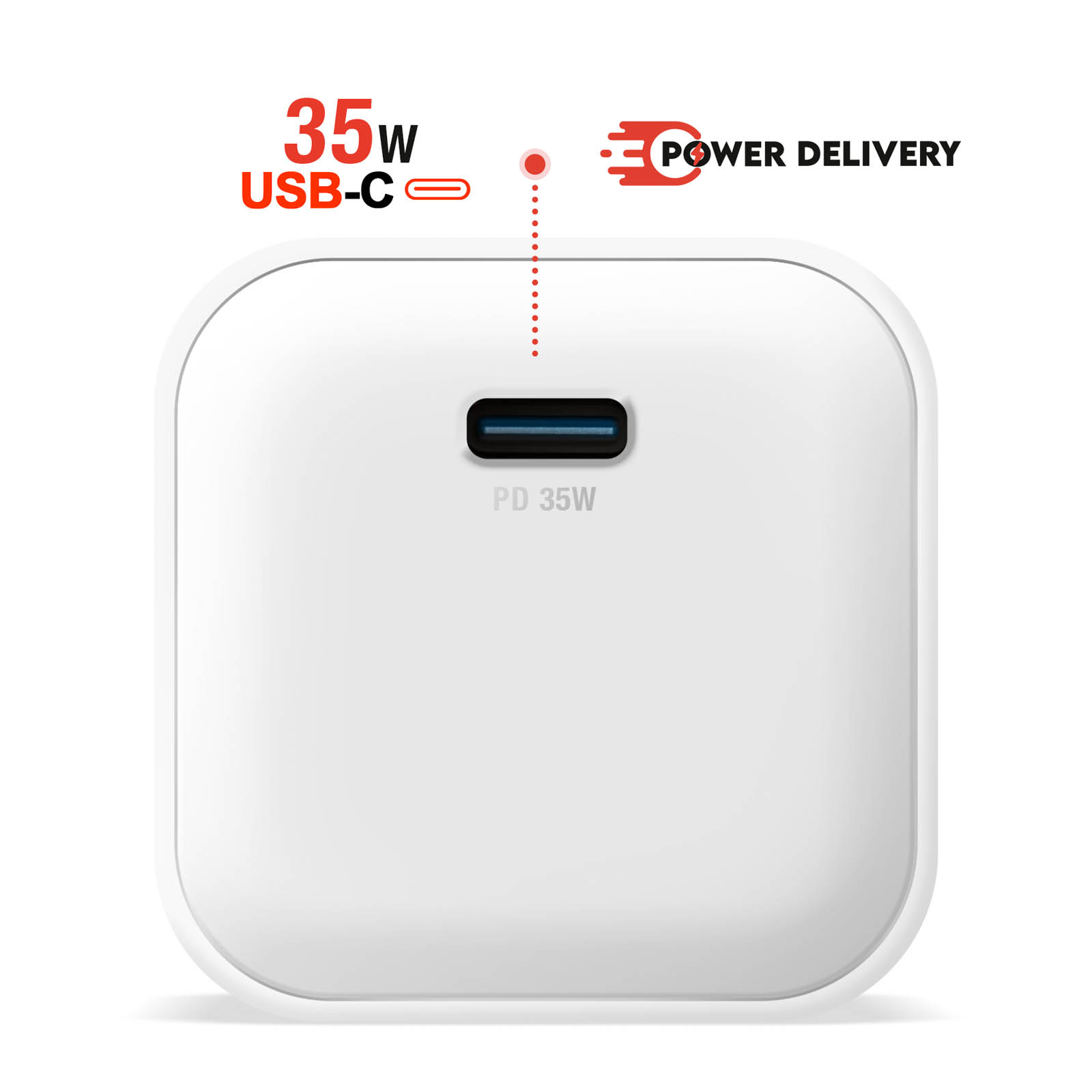 Weißer USB-C PD 35W Ladestecker mit Power Delivery Logo.