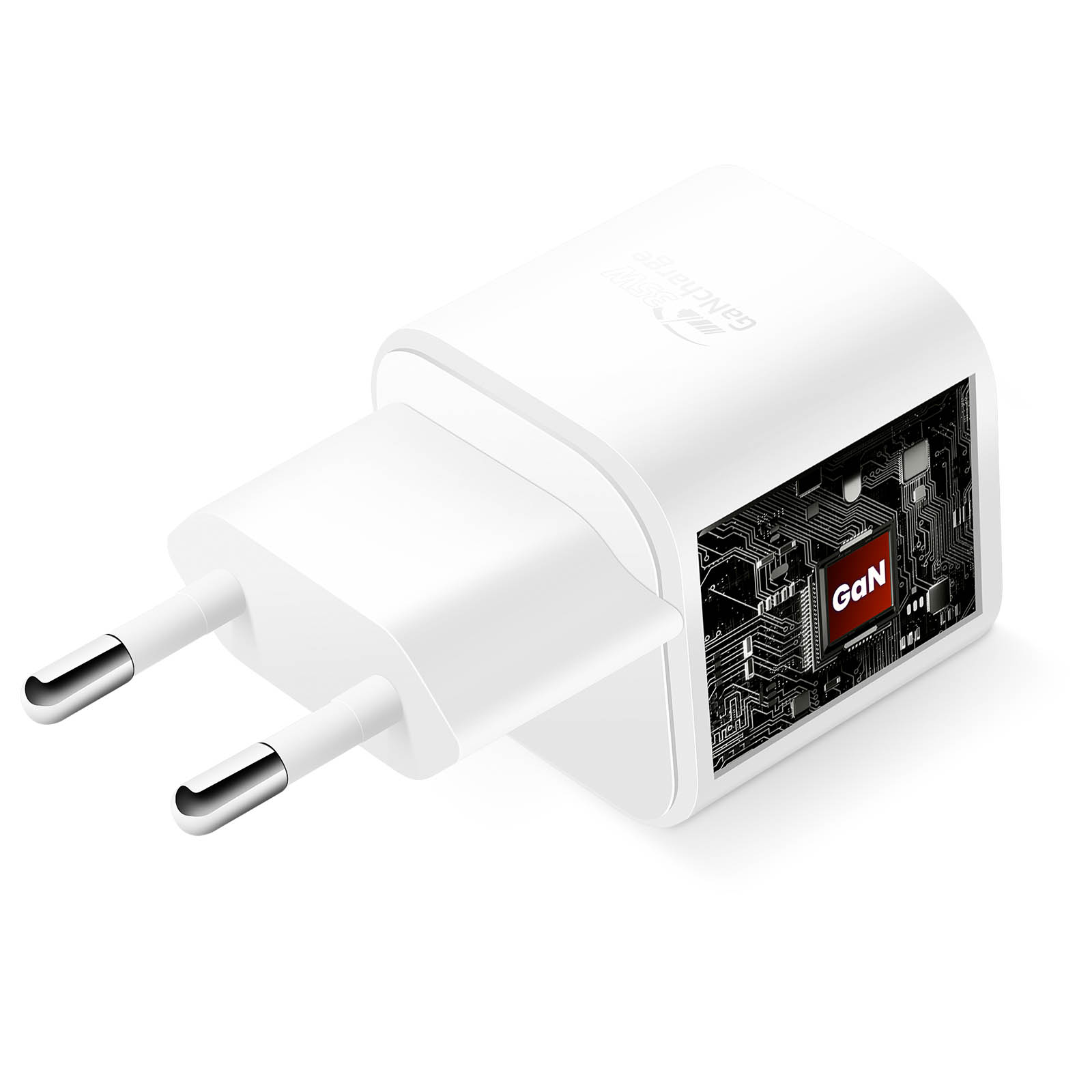 Ein weißer GaN-Ladegerätadapter mit sichtbarer Platine und zwei Metallstiften.