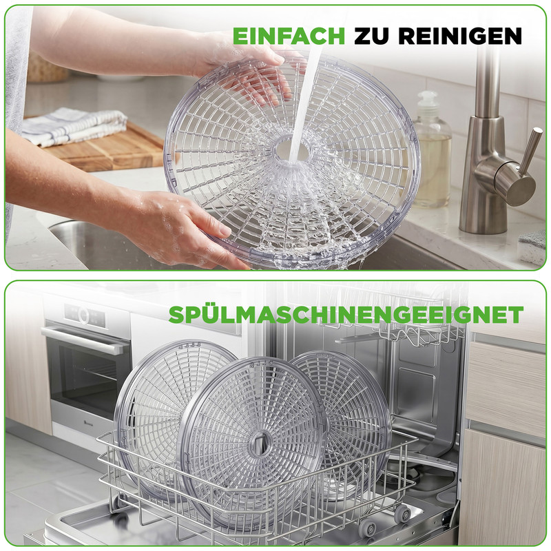 Eine runde Kunststoffschale wird unter fließendem Wasser gespült. Drei Schalen sind im Geschirrspüler.