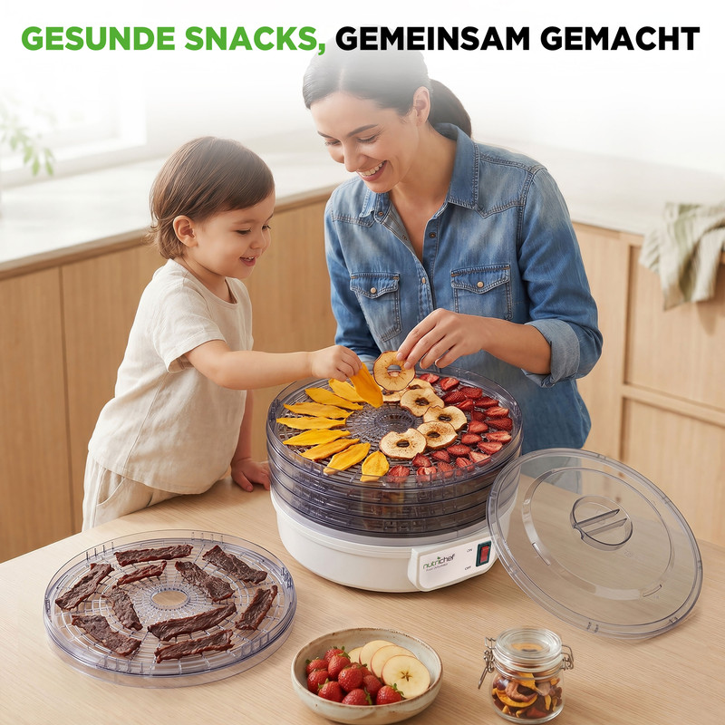 Frau und Kind legen Obst in Dörrautomat. Im Vordergrund Rindfleisch-Jerky.