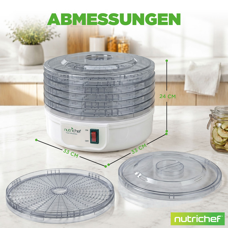 Ein weißer NutriChef Dörrautomat mit transparenten Einsätzen, Maße 33x33x24 cm.