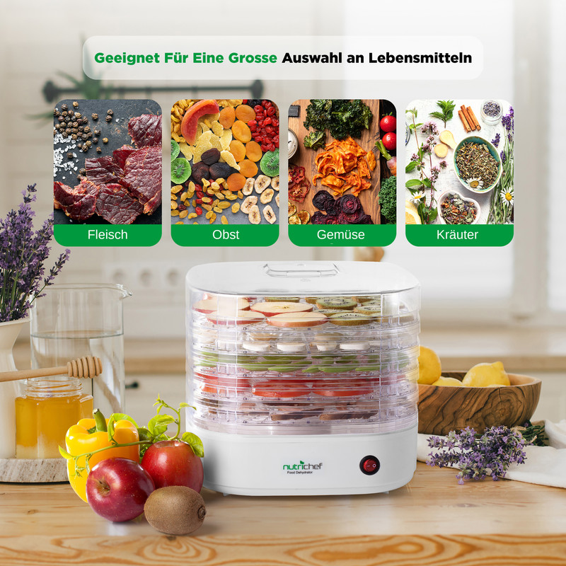 Ein weißer Dörrgerät mit Obst, Gemüse, Fleisch und Kräutern in den oberen Bildern.