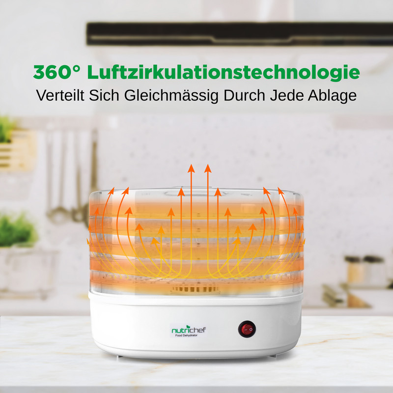 Lebensmitteltrockner mit 360° Luftzirkulation, die gleichmäßig durch die Ablagen strömt.