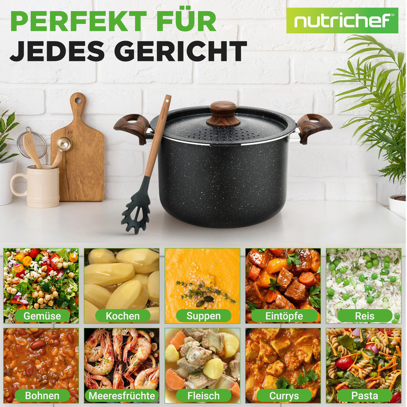 Topf mit Kochutensilien und 10 Gerichten: Gemüse, Kartoffeln, Suppe, Eintopf, Reis, Bohnen, Meeresfrüchte, Fleisch, Curry, Pasta.