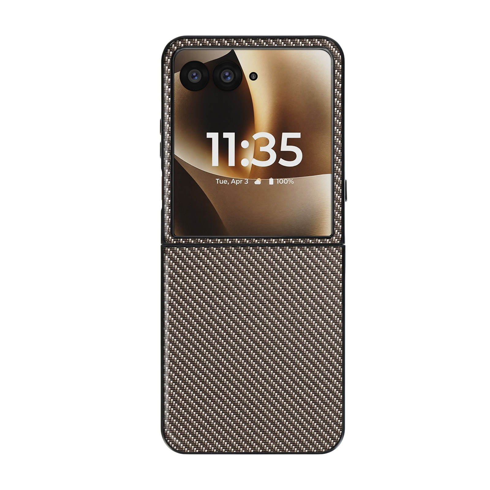 Ein aufklappbares Smartphone mit Karbonfaser-Design, das 11:35 Uhr anzeigt.